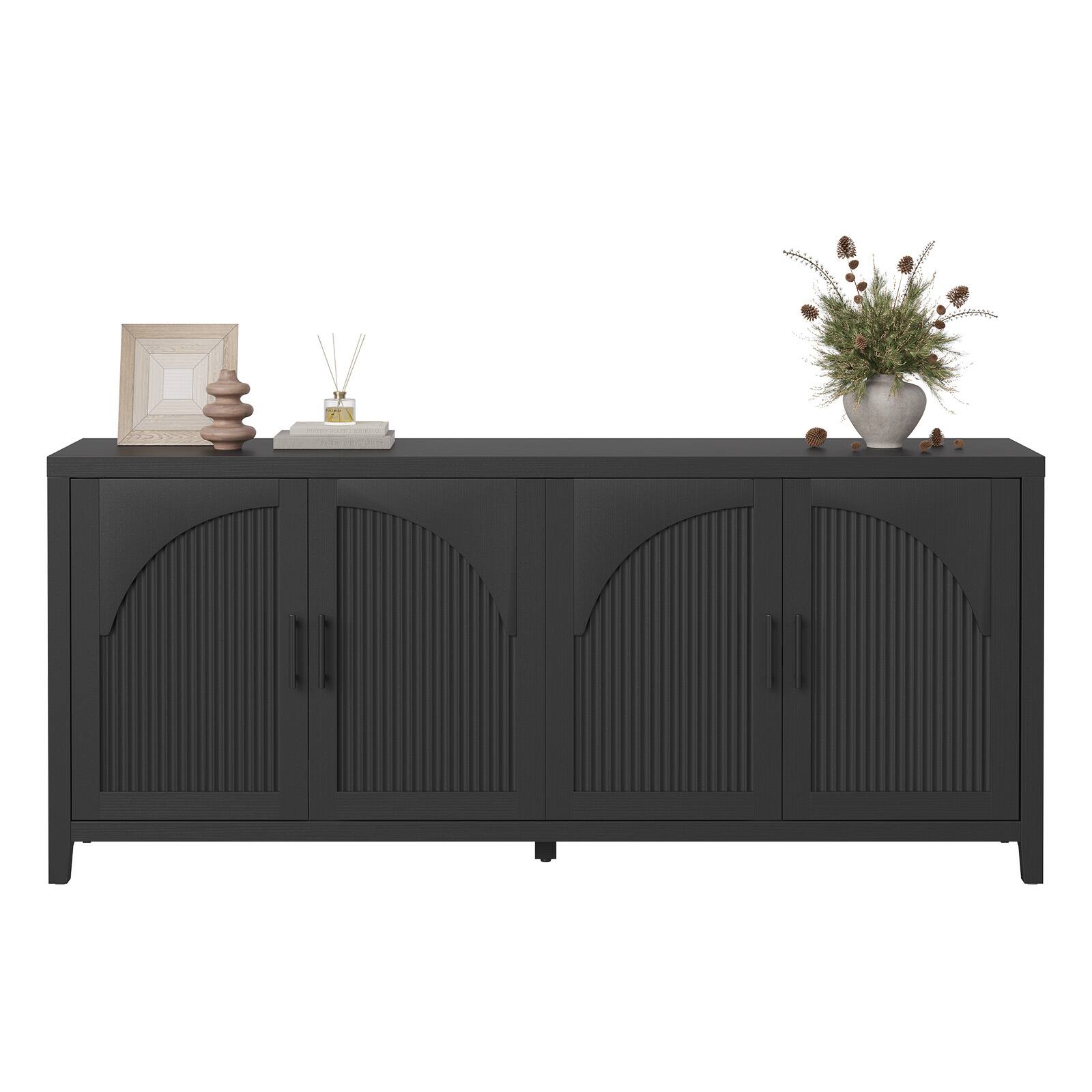 Angle. Bestier - 70" Modern TV Stand for TVs up to 75", Natural Wood Media Console with 4 Fluted Curved Doors - Black Grained.