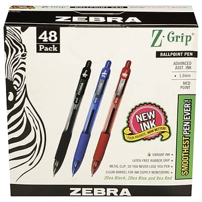 Zebra - Z-Grip Retractable Ballpoint Pen, Medium Point, 1.0mm, 48 Pack (22048) - Assorted Ink