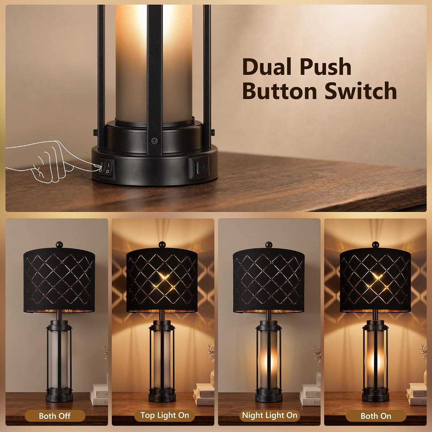Dual Push Button Switch

Both Off
Top Light On
Night Light On
Both On