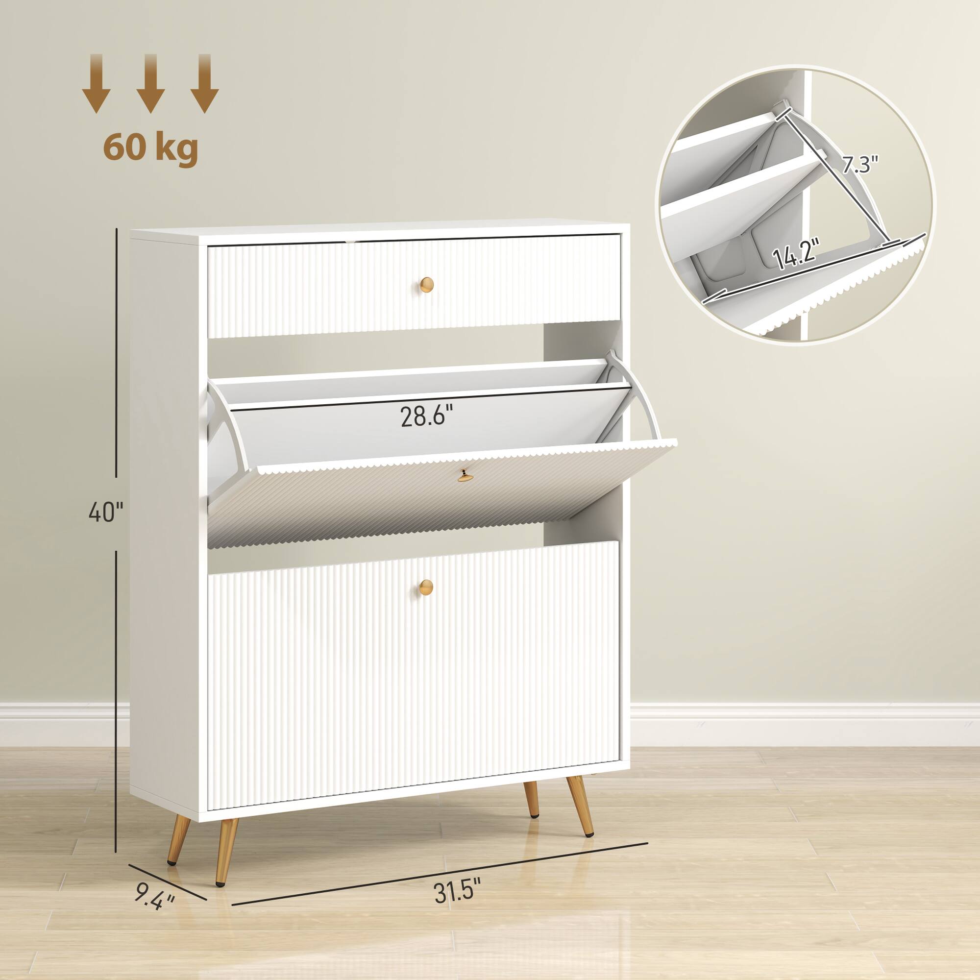 60 kg, 7.3", 14.2", 28.6", 40", 9.4", 31.5"