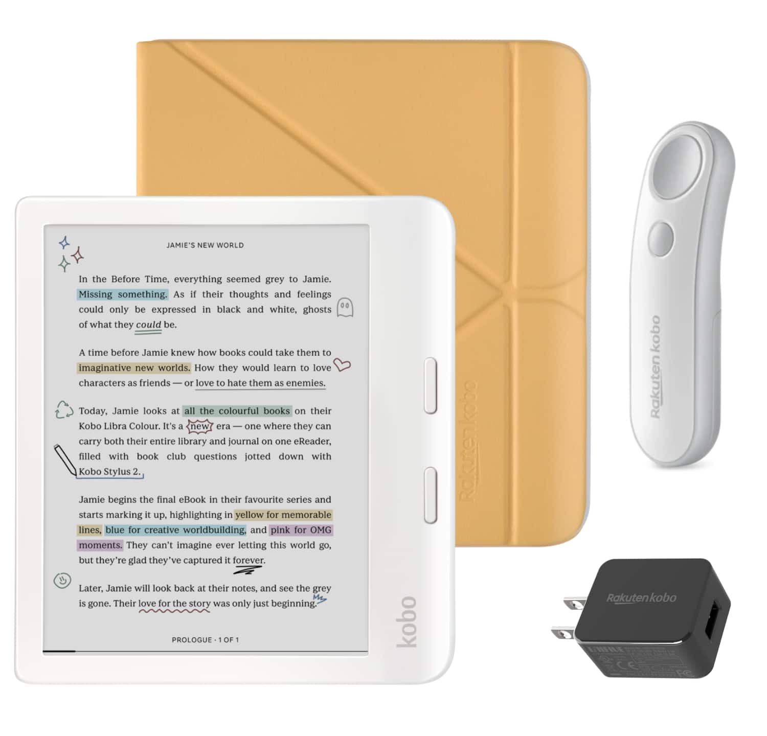 Kobo - Libra Colour (White) eReader with White Remote & AC Bundle - 2024 - Butter Yellow SleepCover