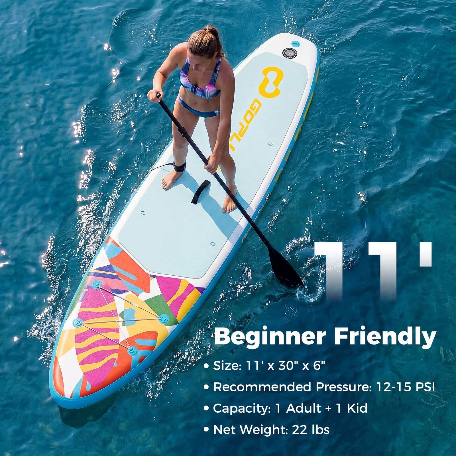 GOPL 11' Beginner Friendly  
Size: 11' x 30" x 6"  
Recommended Pressure: 12-15 PSI  
Capacity: 1 Adult + 1 Kid  
Net Weight: 22 lbs