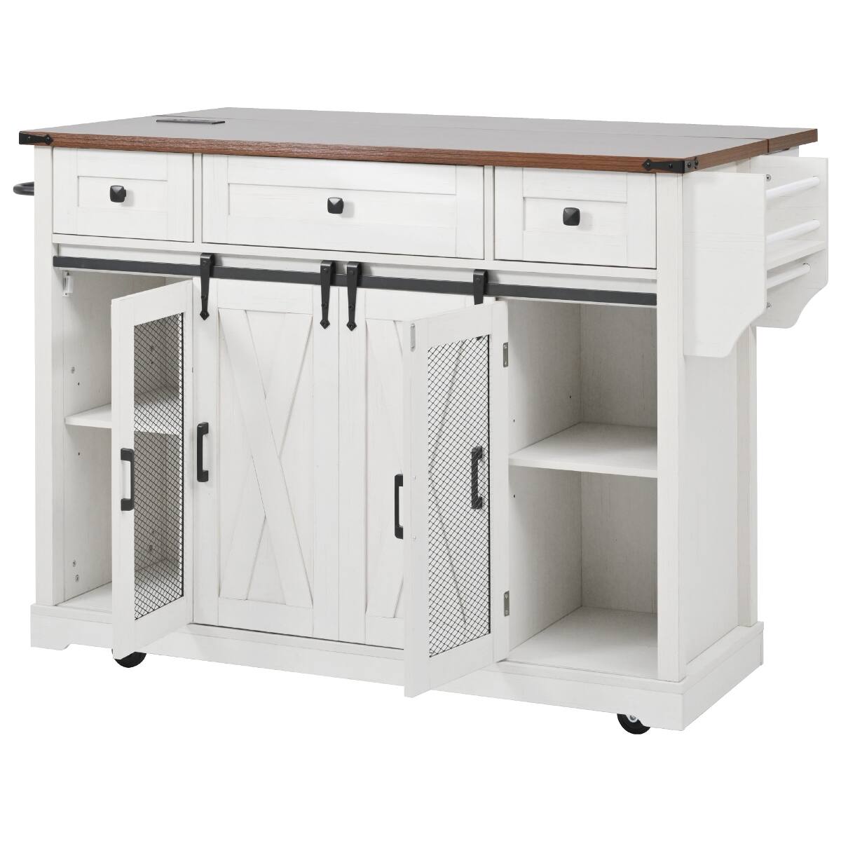 Alt View 4. Loheer - Loheer 58 inch farmhouse kitchen island with drop leaf, rolling kitchen island with storage, White - White.