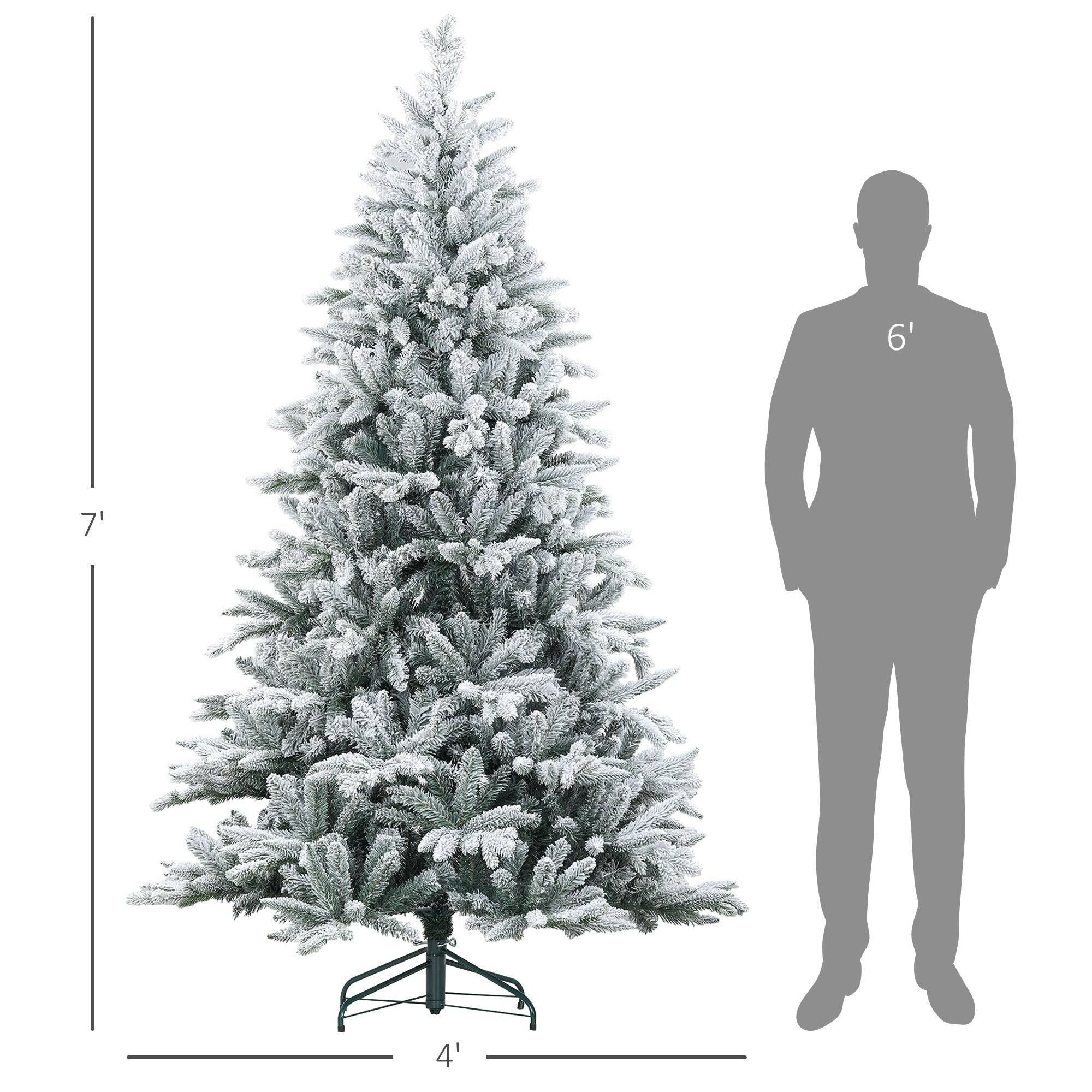 Left. BreeBe - 7ft Snow Flocked Artificial Christmas Tree with 1401 Tips - Green.