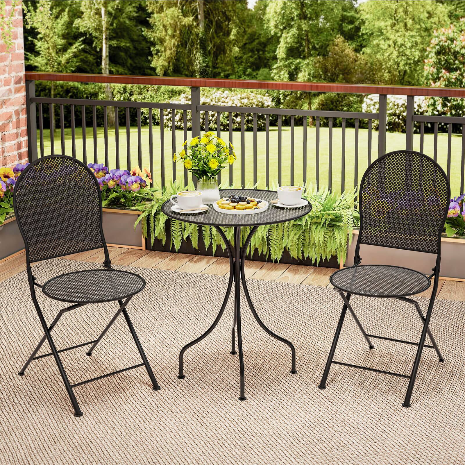Alt View 3. Costway - Costway 3 PCS Metal Bistro Set Round Table & 2 Folding Chairs with Rattan-Like Pattern - Black.