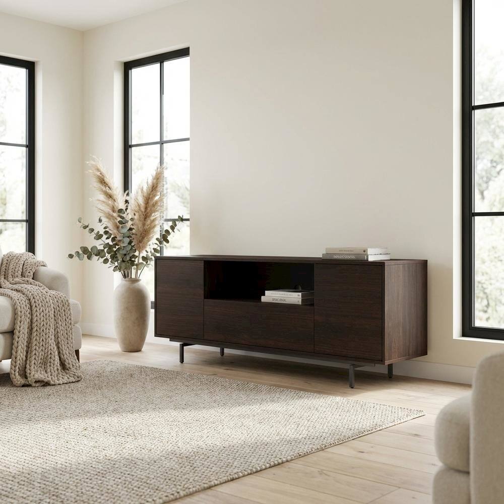 Left. FurniFact - Walnut Laminate TV Console in Brown with Modern Design and Engineered Wood - Brown.