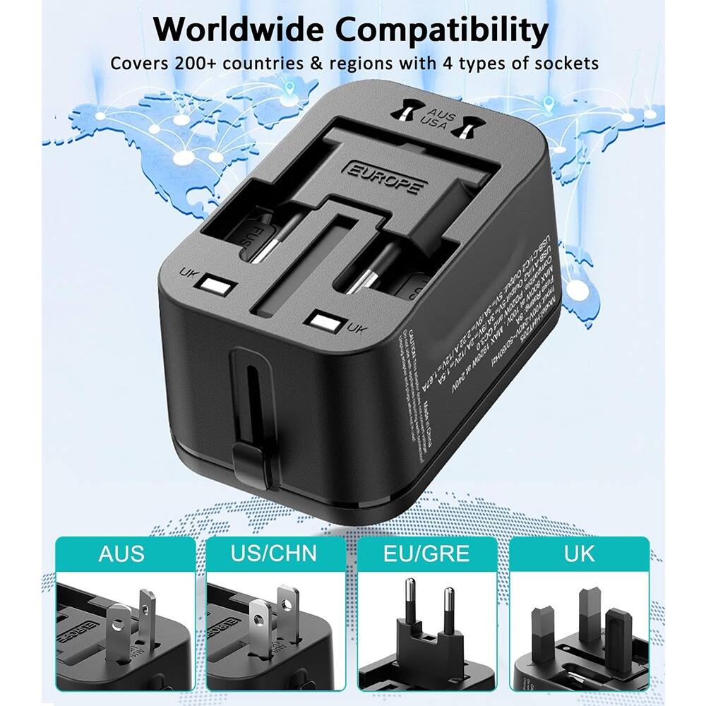 Worldwide Compatibility  
Covers 200+ countries & regions with 4 types of sockets  

AUS  
US/CHN  
EU/GRE  
UK
