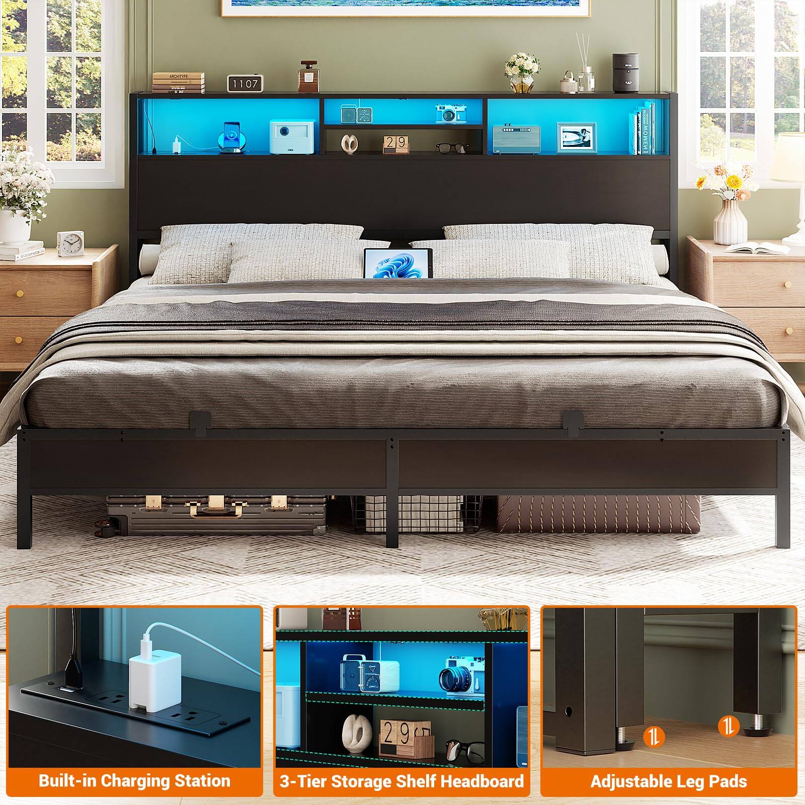 1107 219 2 9 I 29 2 9 1L 1L Built-in Charging Station 3-Tier Storage Shelf Headboard Adjustable Leg Pads