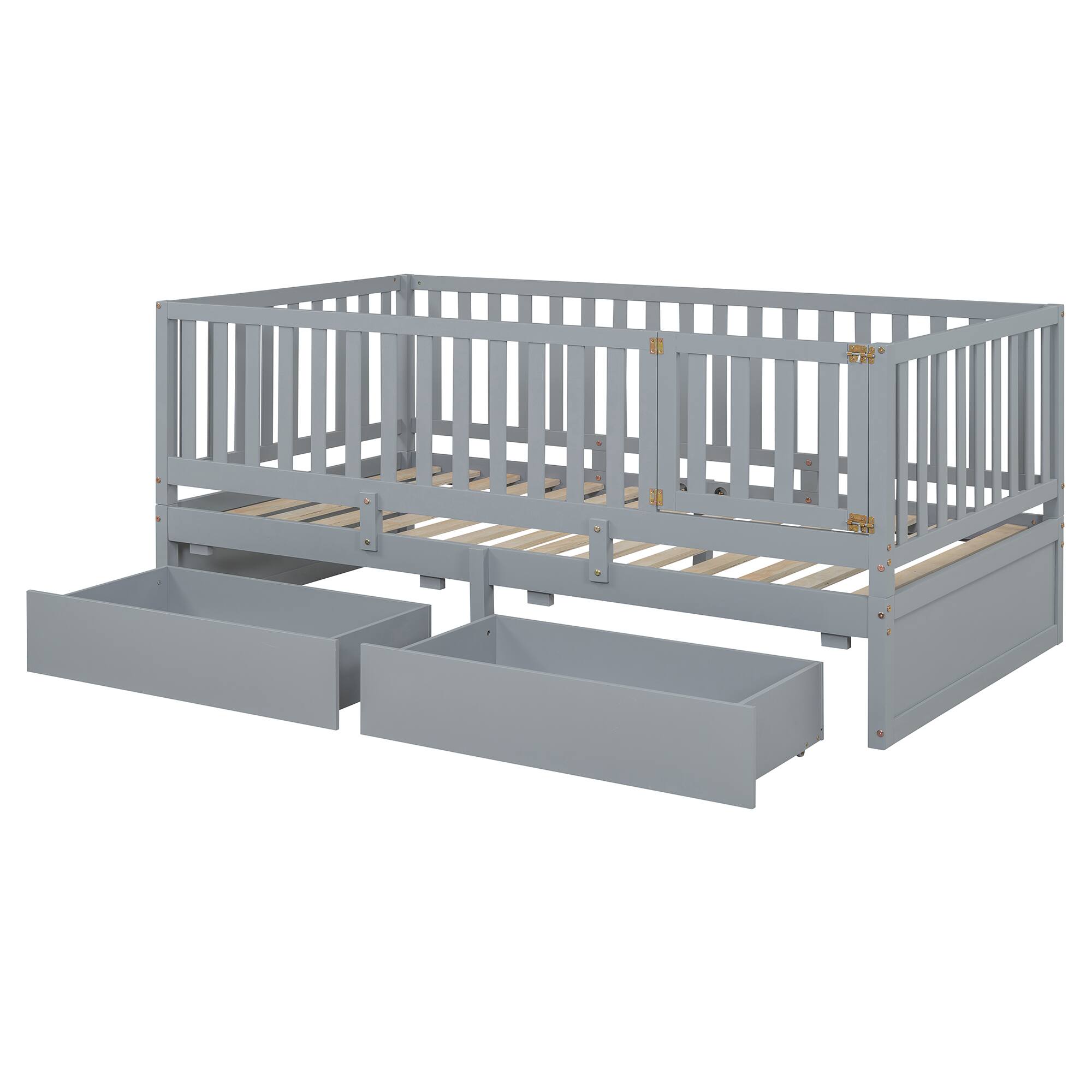 Alt View 8. Tiramisubest - Twin Size Wood Daybed with Fence Guardrails and 2 Drawers, Split into Independent Floor Bed & Daybed, Gray - Gray.