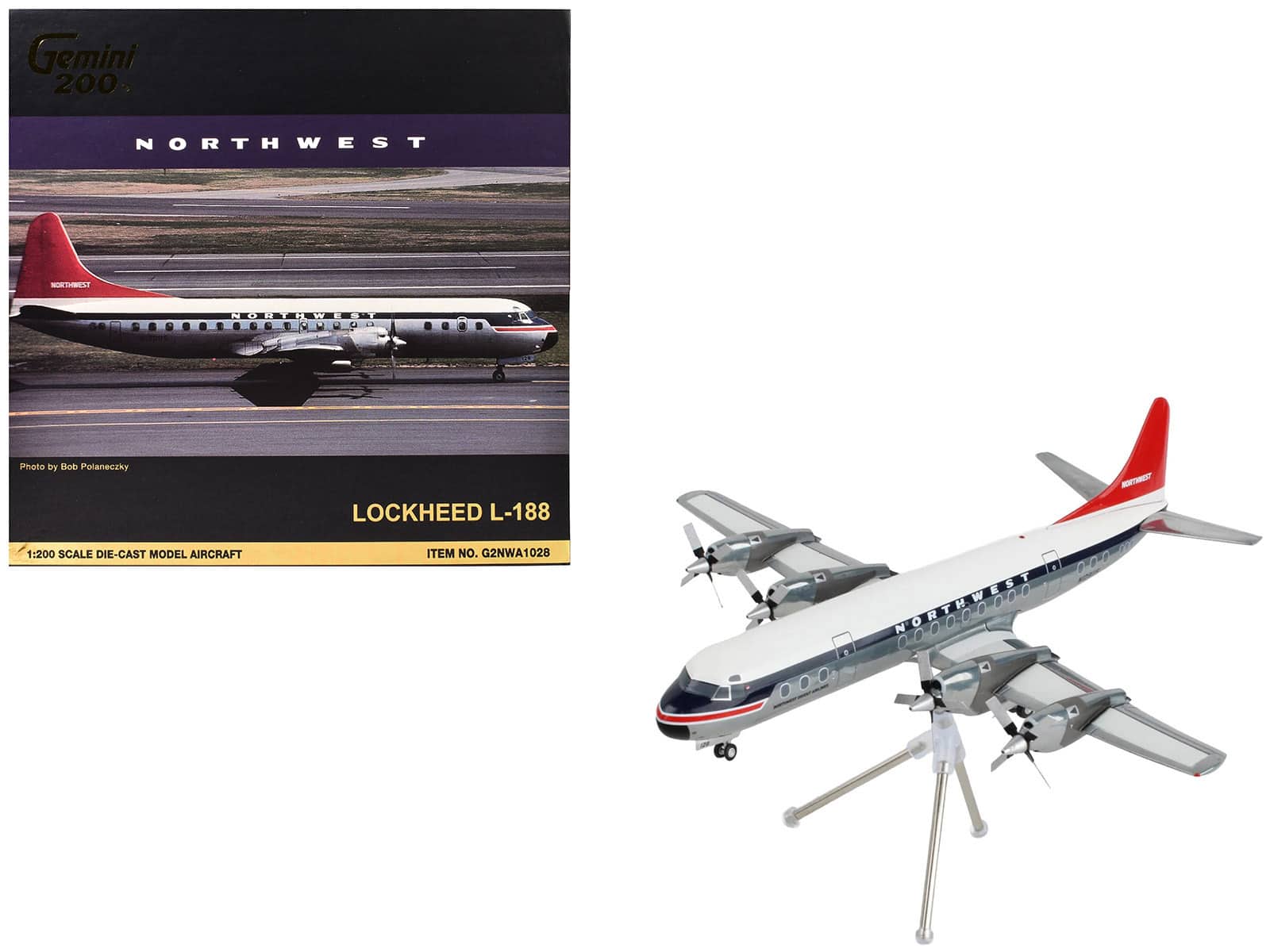 Lockheed L-188 Electra Northwest Orient N128US White Gray Blue Stripes Red Tail GeminiJets 1/200 Diecast Model - Multi