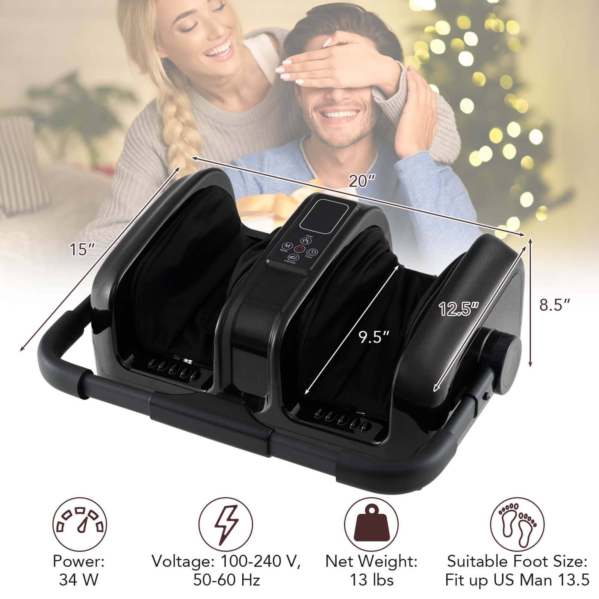 The text on the image is grouped and corrected as follows:

1. 20" 15" 9.5" 12.5" 8.5" 00 - Power: 34 W 4 Voltage: 100-240 V, 50-60 Hz Net Weight: Suitable Foot Size: 13 lbs Fit up US Man 13.5"