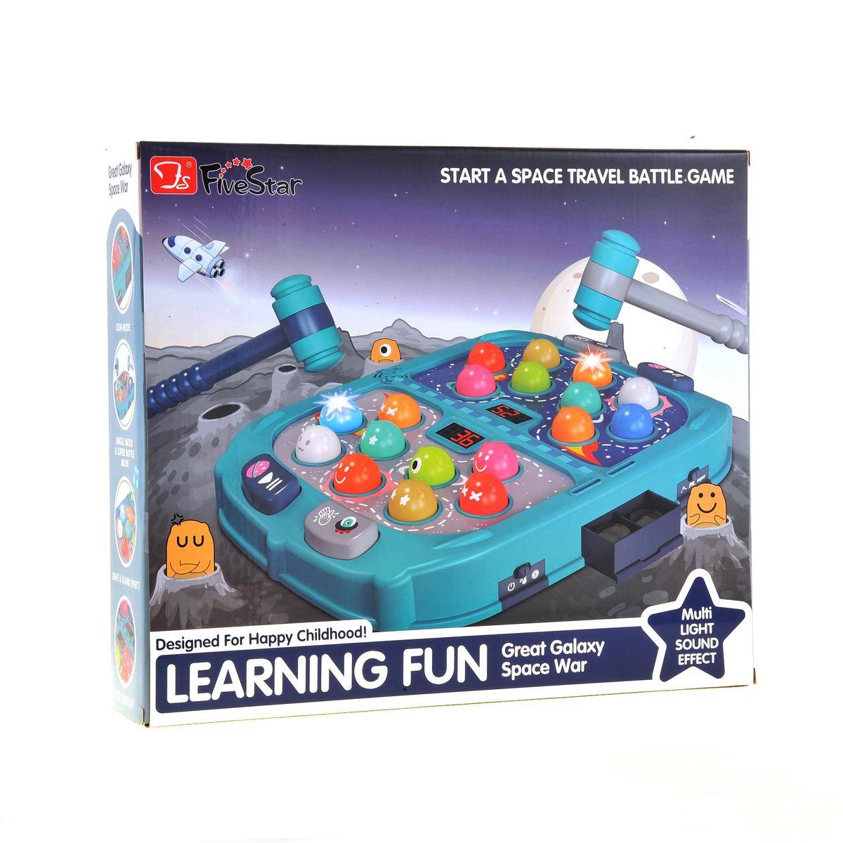 Sure, here is the corrected and grouped text from the image:

---

**FiveStar**

**START A SPACE TRAVEL BATTLE GAME**

**LEARNING FUN**

**Great Galaxy Space War**

**Designed For Happy Childhood!**

**Multi LIGHT SOUND EFFECT**

---

**Bet Sodo i io A Bs FiveStar**

**52 36 UU**

---

**Great Galaxy Space War**

**Multi LIGHT SOUND EFFECT**

**Designed For Happy Childhood!**

**LEARNING FUN**

**Great Galaxy Space War**

**START A SPACE TRAVEL BATTLE GAME**

**52 36 UU**