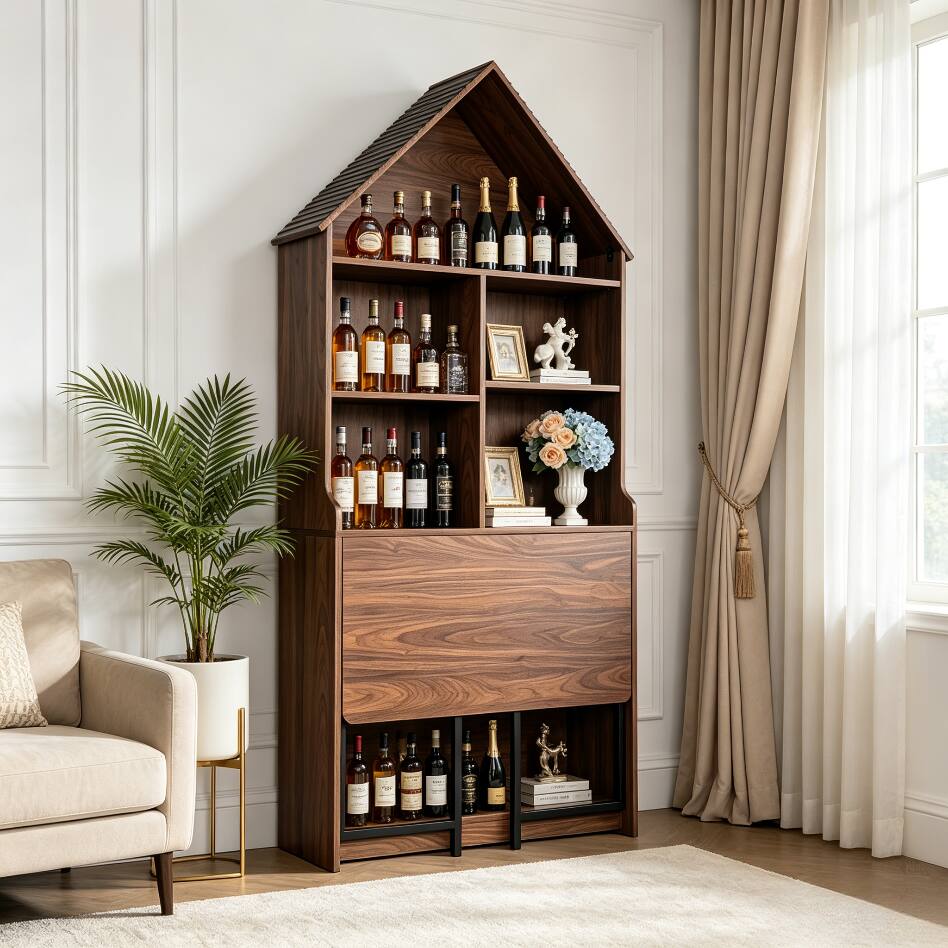 Alt View 4. Bestier - Bookcase with Fold Out Desk, 73in Tall Arched Foldable Convertible Writing Table, Space-Saving Storage Cabinet - Walnut.