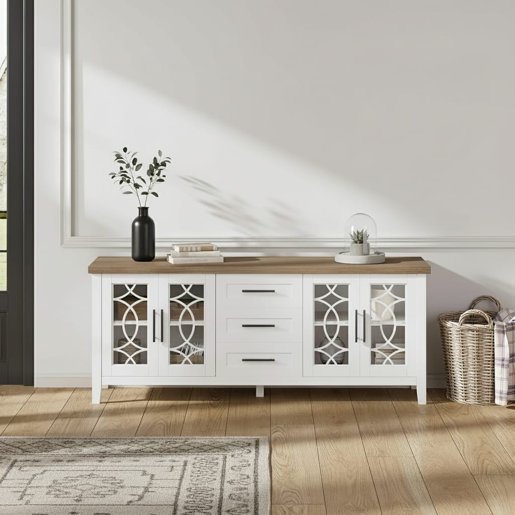 GARVEE - Farmhouse TV Stand, 2 Storage Door & 3 Drawer - White+Brown