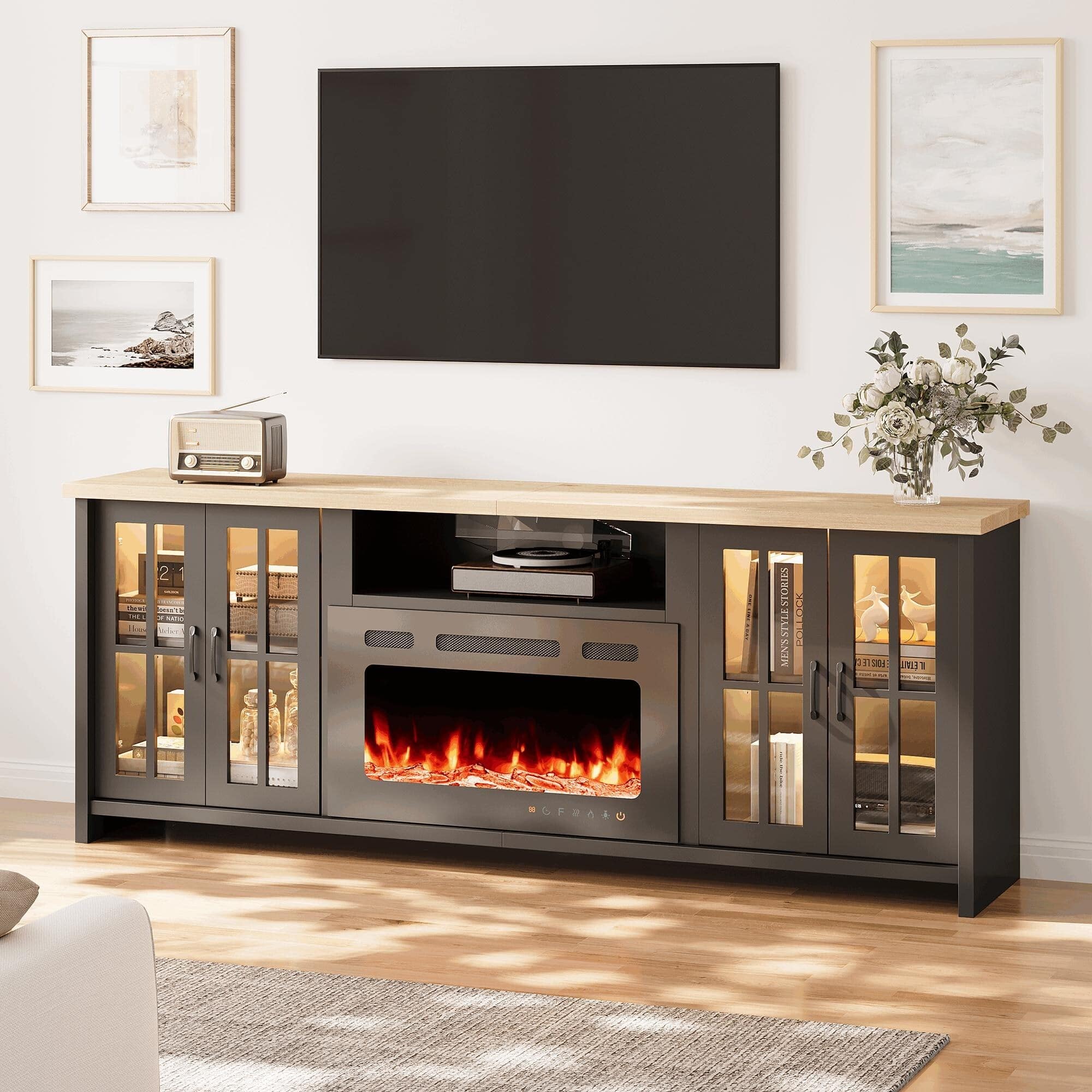 U-HOMY - 78" Fireplace TV Stand with 30" Electric Fireplace, Glass Door Media Console with LED Lights - Black