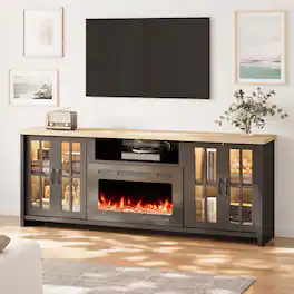 U-HOMY - 78" Fireplace TV Stand with 30" Electric Fireplace, Glass Door Media Console with LED Lights - Black