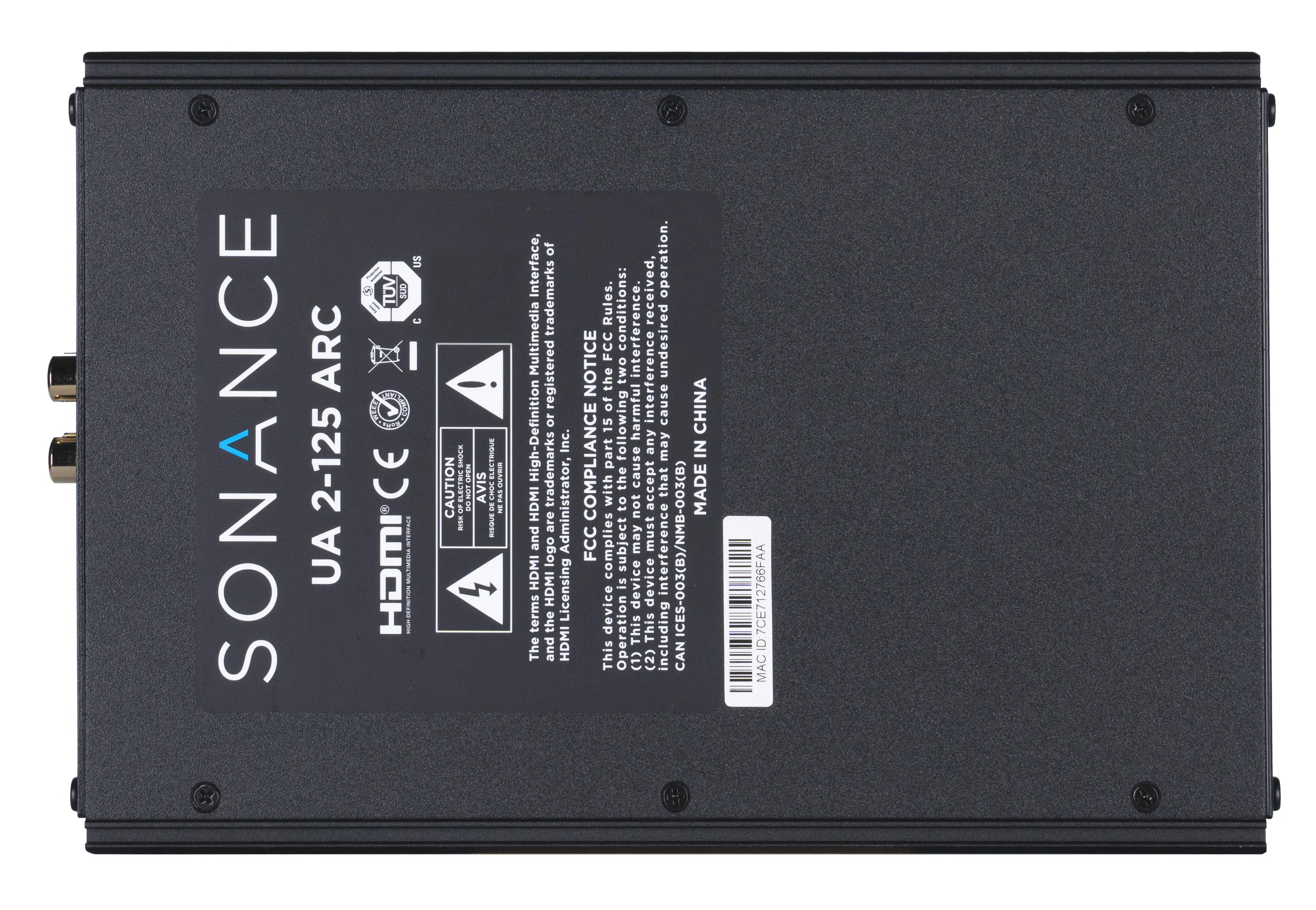 The text on the image reads:

"Sonance ARC 2-125 UA US I TUV SU0  C CA CE VEU HDMI - RTO I SMOCK ELECTRIOUS OPA S CAUTION ELECTRENE LONM4 AVIS sours n0 a an S I -S of Interface, trademarks Multimedia registered or High-Definition trademarks Inc. HDMI Administrator, are and logo HDM HDMI Licensing terms the The and HDM received, operation. Rules. conditions NOTICE FCC two interference. undesired the of llowing harmful interference cause CHINA 15 part any may IN COMPLIANCE with the to not cause accept that MADE FCC complies subject may must interference ICES-003(B)/NMB-003(B) S device device device This This This Operati (1) (2) including CAN d 7CE712766FAA MAC"