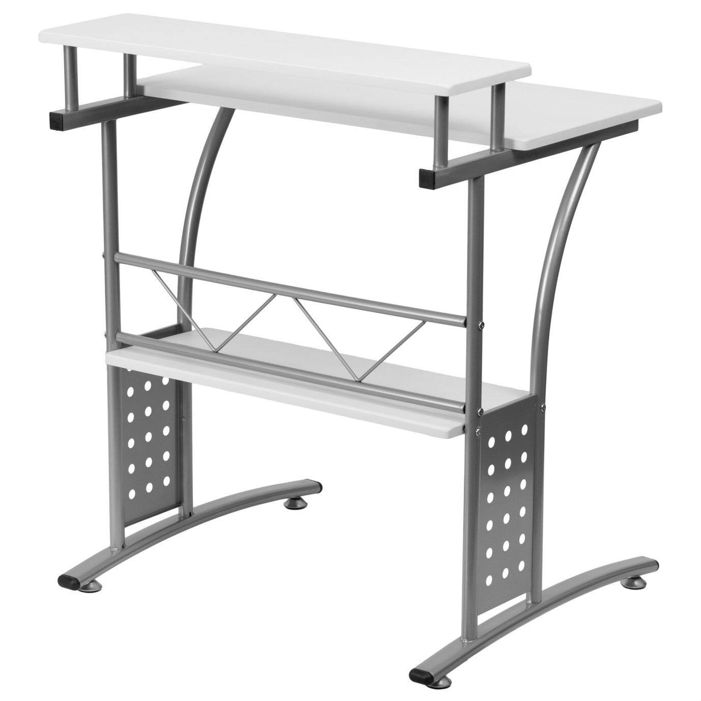 Angle. SlickBlue - White Laminate Computer Desk with Metal Frame and Elevated Organizer Shelf - White, Grey.