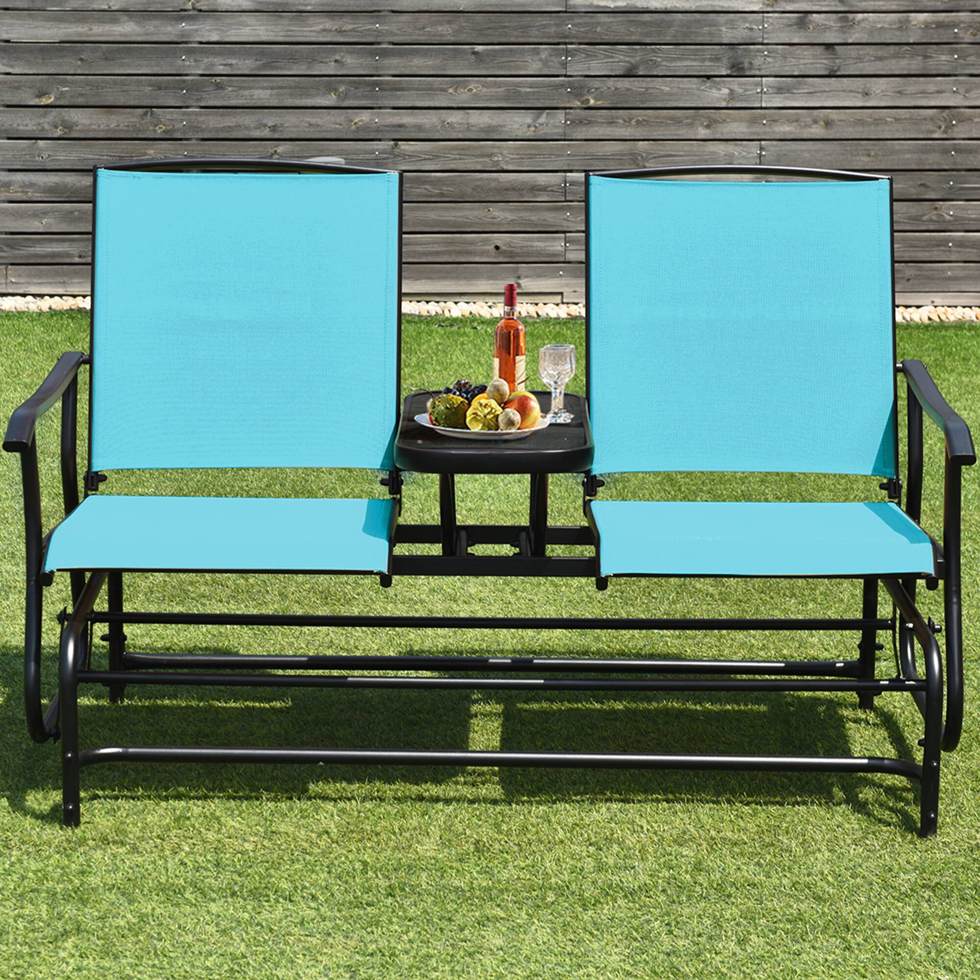 Alt View 2. Gymax - Gymax Patio 2-Person Glider Rocking Char Loveseat Garden w/ Tempered Glass Table Turquoise - as pic.