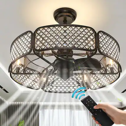 Front. Gymax - Gymax 30'' Caged Ceiling Fan With Light Crystal Lampshade 6 Light Bases Coffee - Coffee.