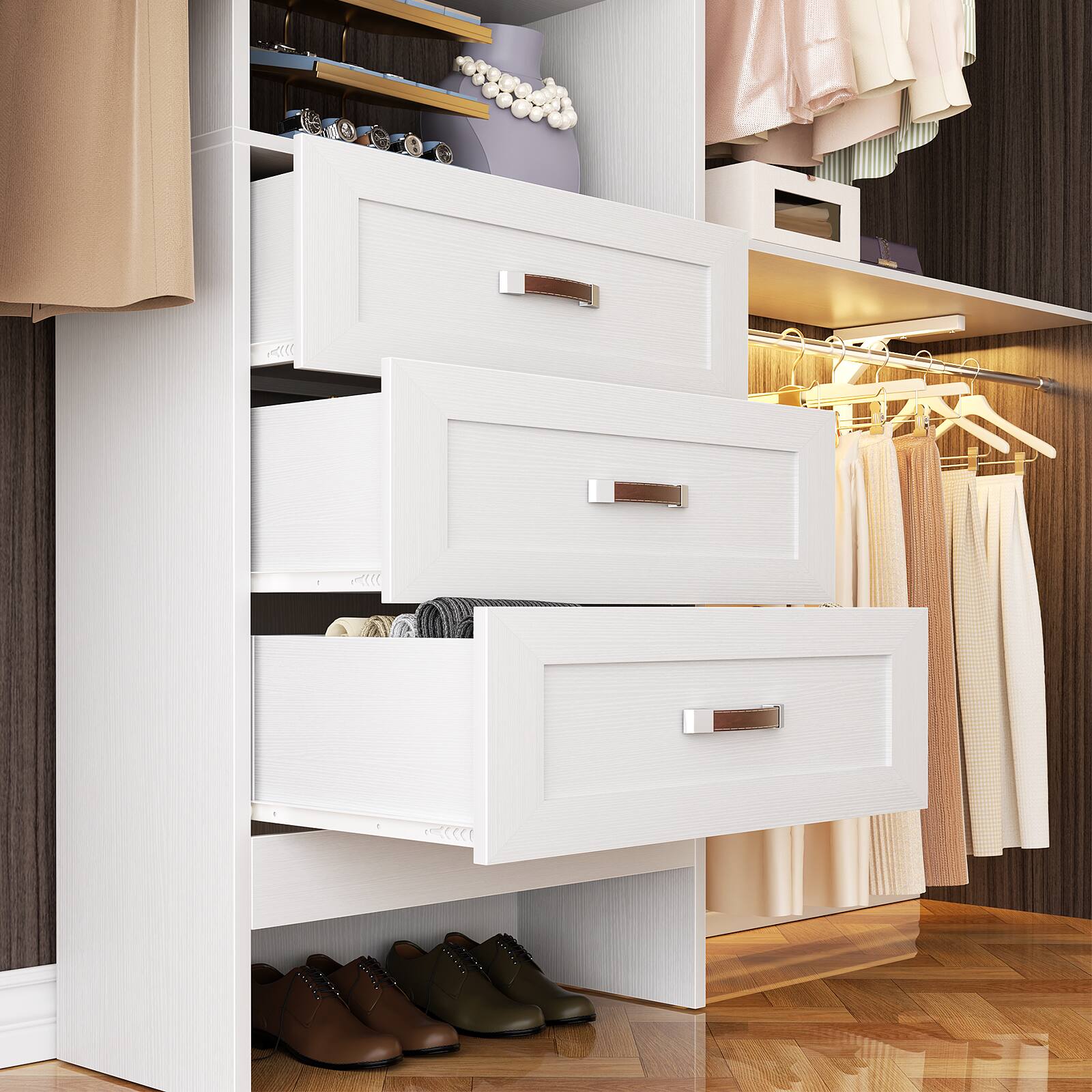 Alt View 2. Aheaplus - 96" Wooden Closet System: 3 Curved Drawers + 3 Hanging Rods and Shelves. Adjustable Walk-in Organizer - White.
