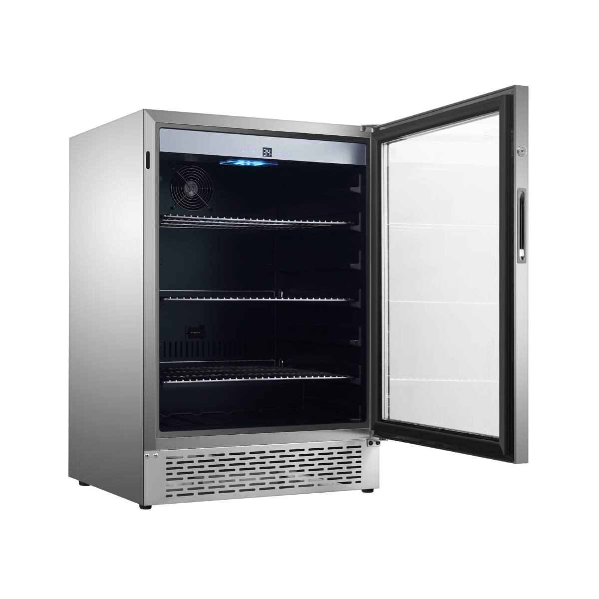 Left. Equator - Equator 4.6cf Outdoor/Indoor 110 cans 6 Bottles + Beverage Refrigerator IPX4 SS Builtin/FS -7 Color LED 110V - Stainless.