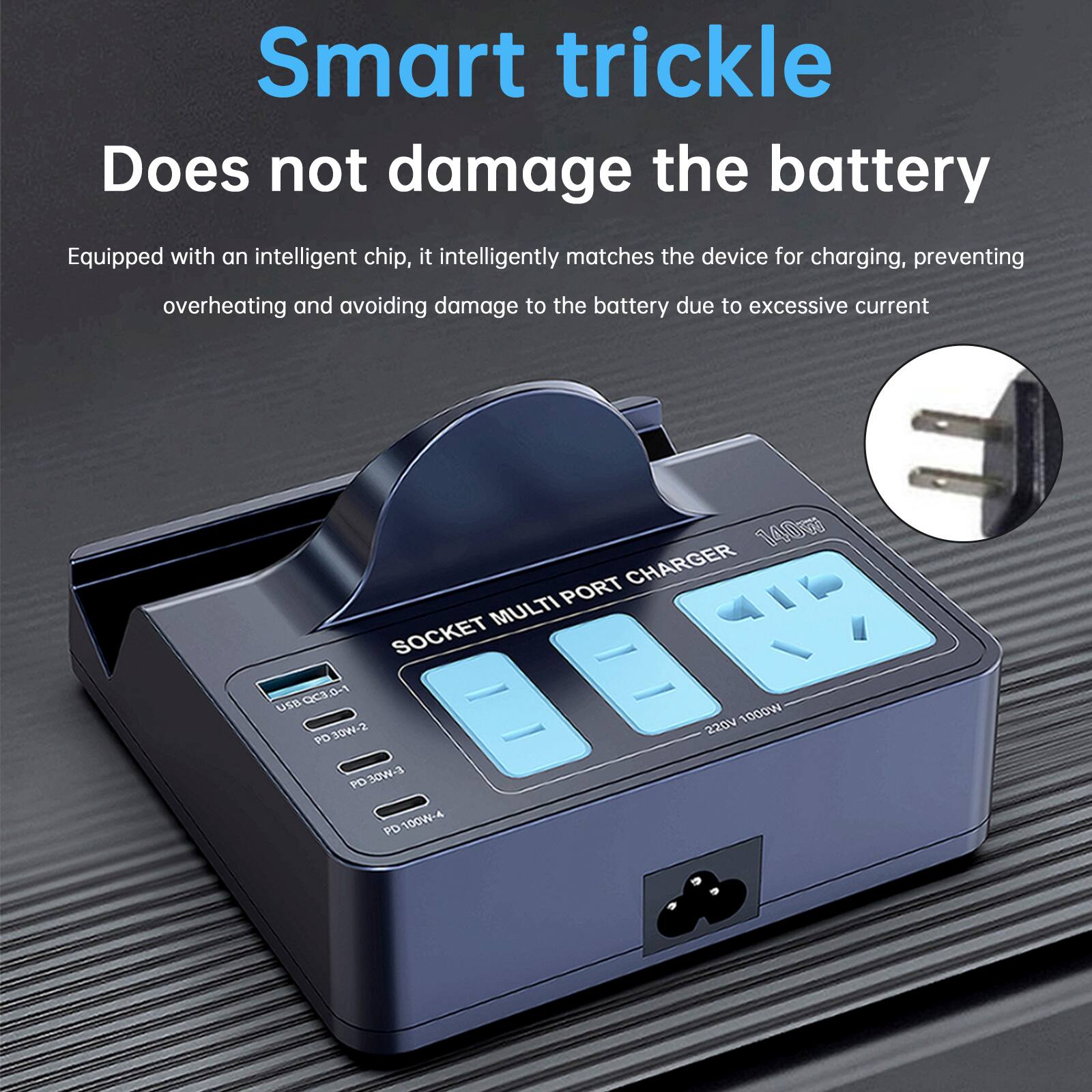 Smart trickle  
Does not damage the battery  

Equipped with an intelligent chip, it intelligently matches the device for charging, preventing overheating and avoiding damage to the battery due to excessive current  

140m CHARGER PORT MULTI SOCKET  
Qca 0-1 USB 1000W 30W-2 220V PO PO30W-3 PO PD 1004
