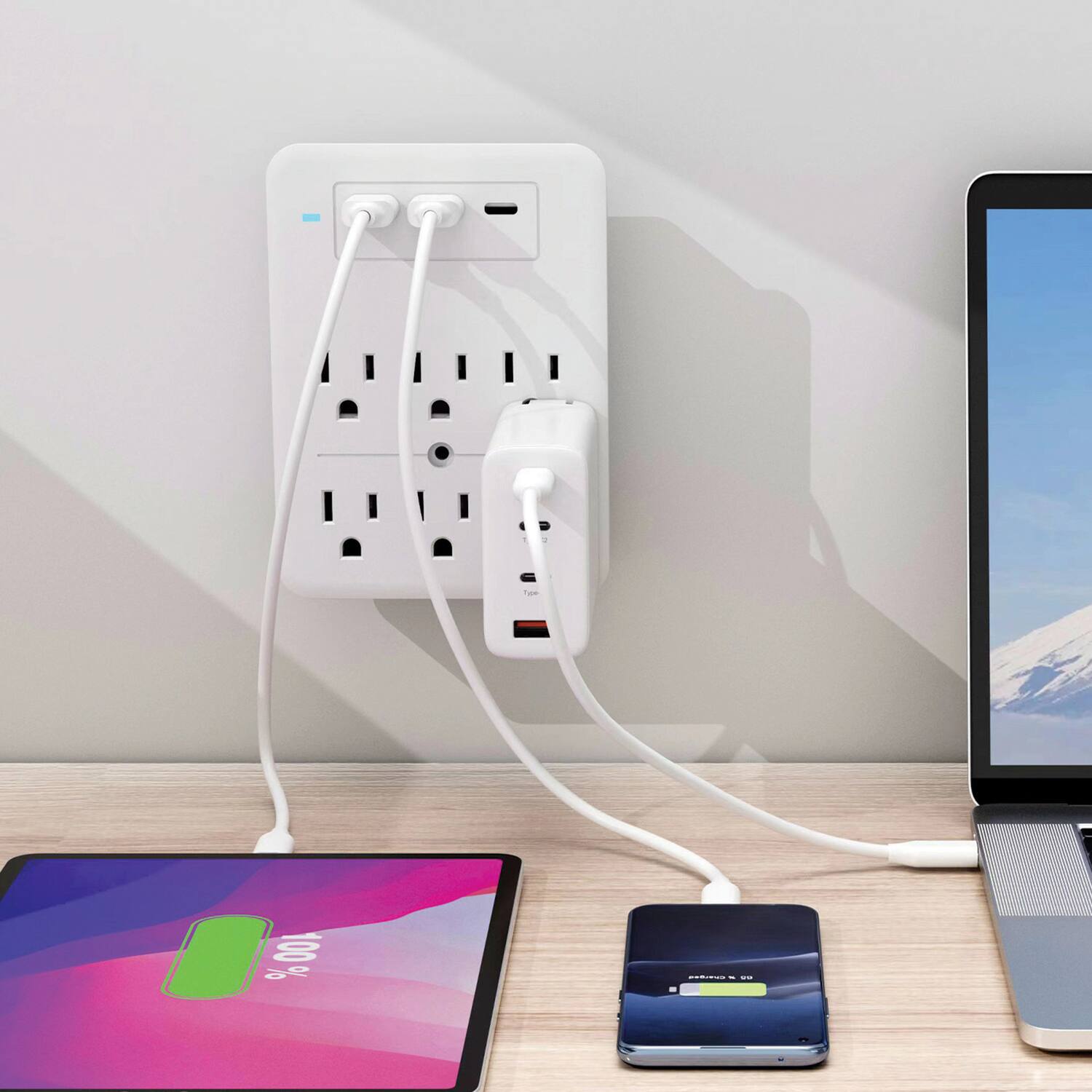 Angle. Ciao Tech - 6-Outlet 3-USB Port 300J Surge Protector Wall Tap CPA5V00-072 - White.