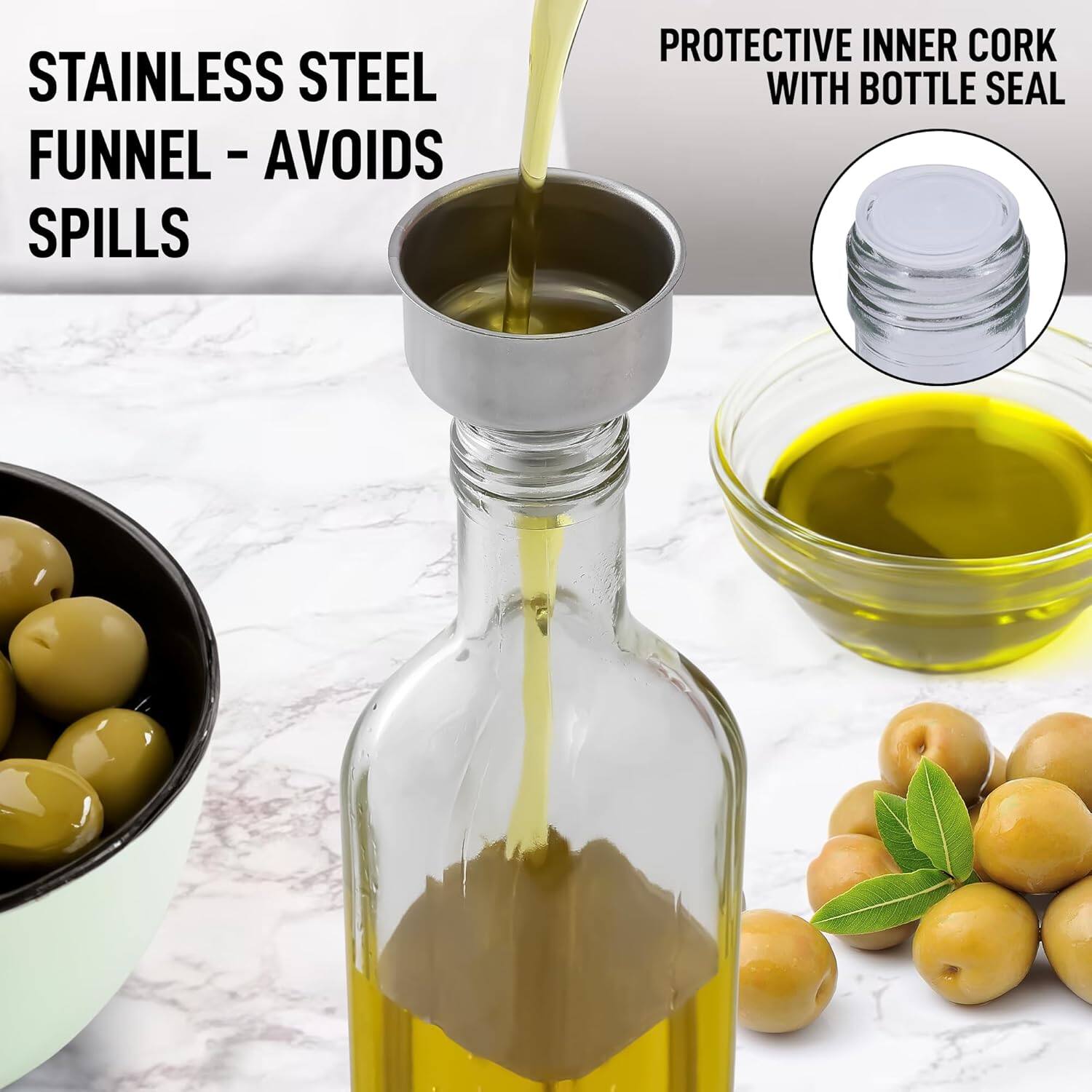 STAINLESS STEEL FUNNEL - AVOIDS SPILLS

PROTECTIVE INNER CORK WITH BOTTLE SEAL