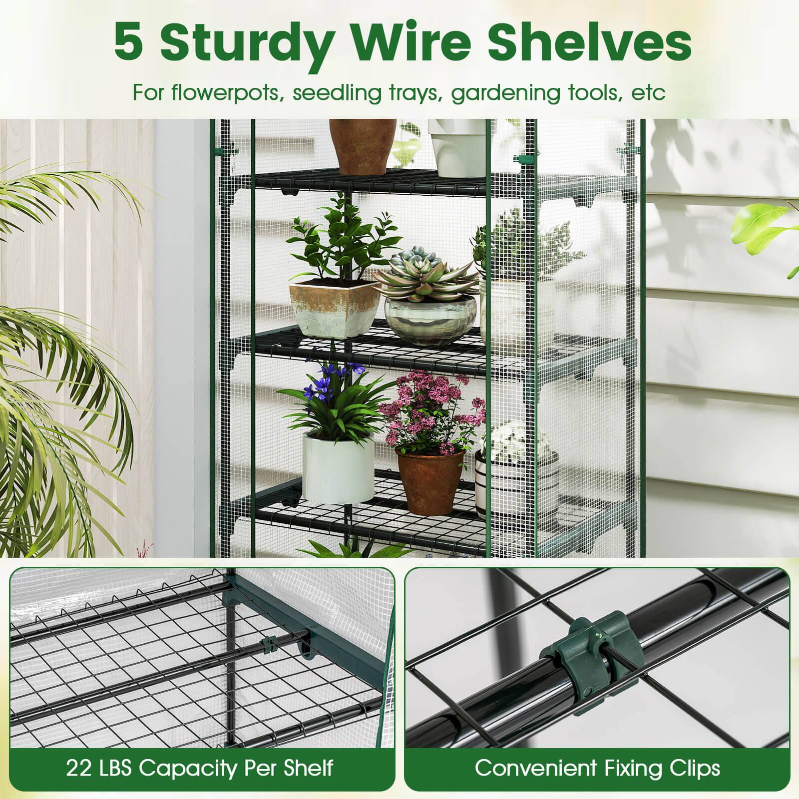 5 Sturdy Wire Shelves  
For flowerpots, seedling trays, gardening tools, etc  

22 LBS Capacity Per Shelf  

Convenient Fixing Clips
