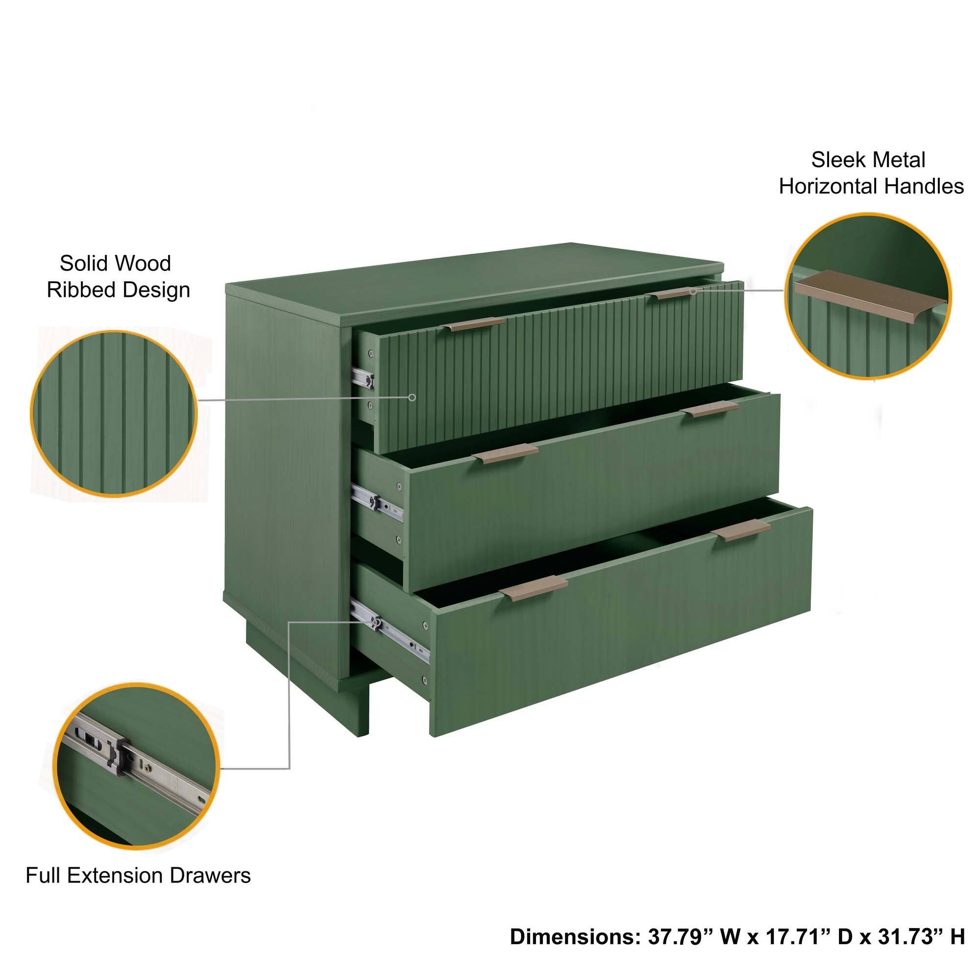 Sleek Metal Horizontal Handles  
Solid Wood Ribbed Design  
Full Extension Drawers  
Dimensions: 37.79" W x 17.71" D x 31.73" H