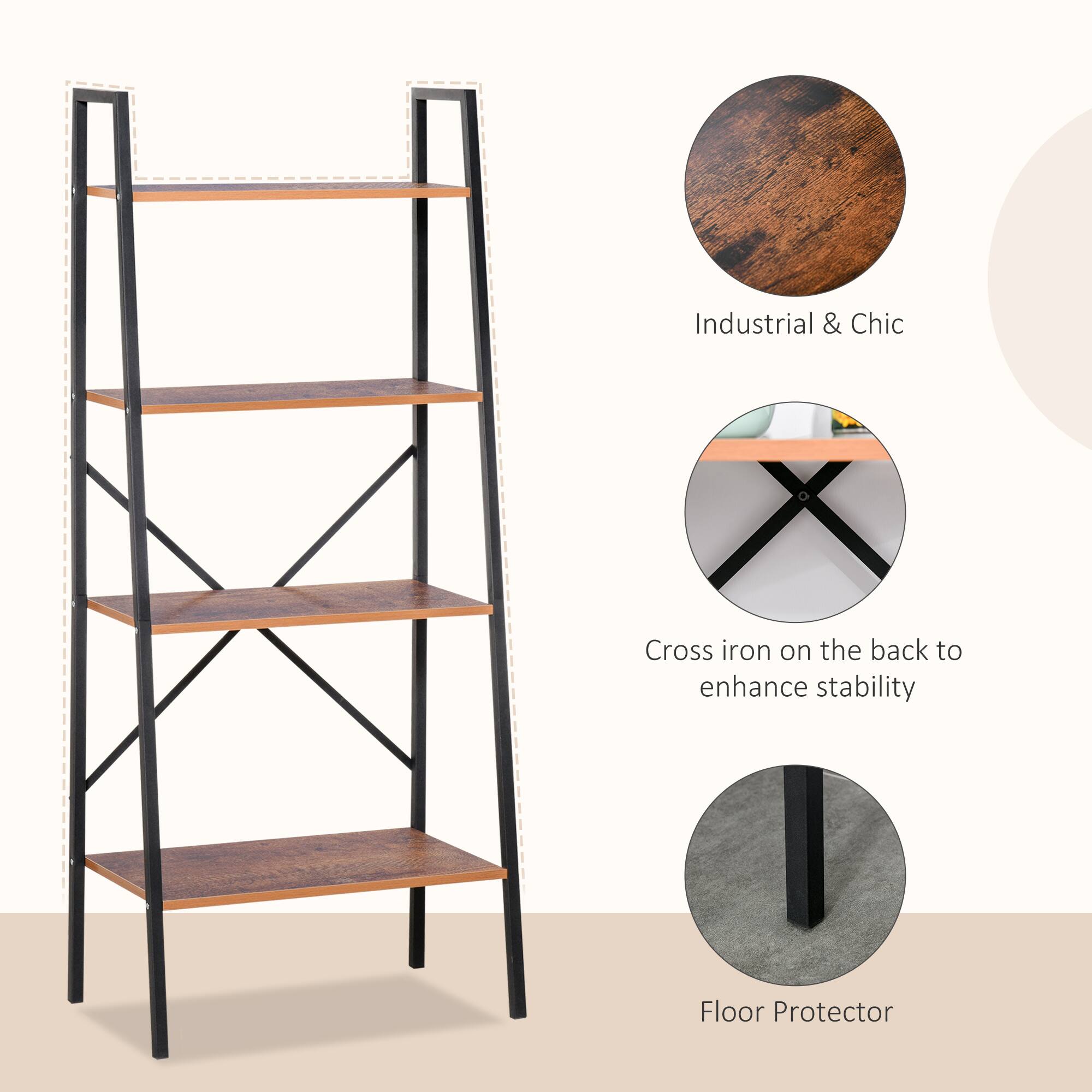 Homcom Industrial 4 Tier Ladder Shelf Bookshelf Vintage Storage Rack ...