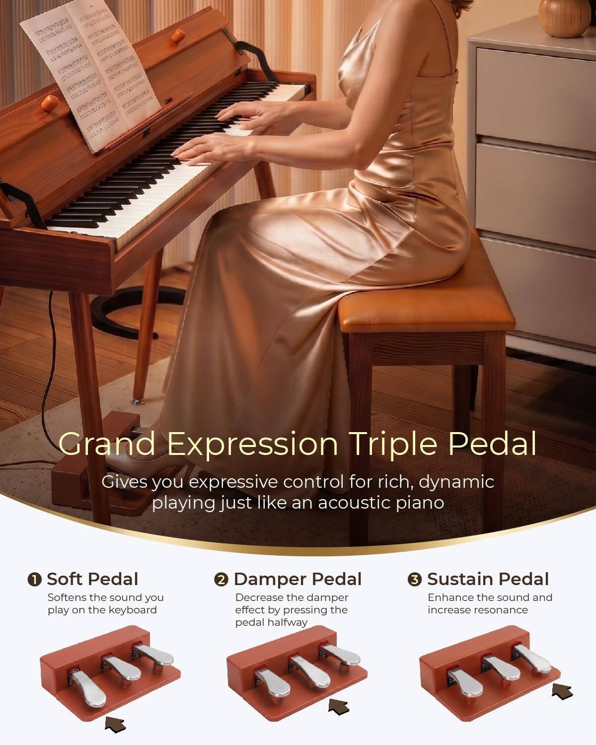 Grand Expression Triple Pedal

Gives you expressive control for rich, dynamic playing just like an acoustic piano

1. Soft Pedal
   Softens the sound you play on the keyboard

2. Damper Pedal
   Decrease the damper effect by pressing the pedal halfway

3. Sustain Pedal
   Enhance the sound and increase resonance
