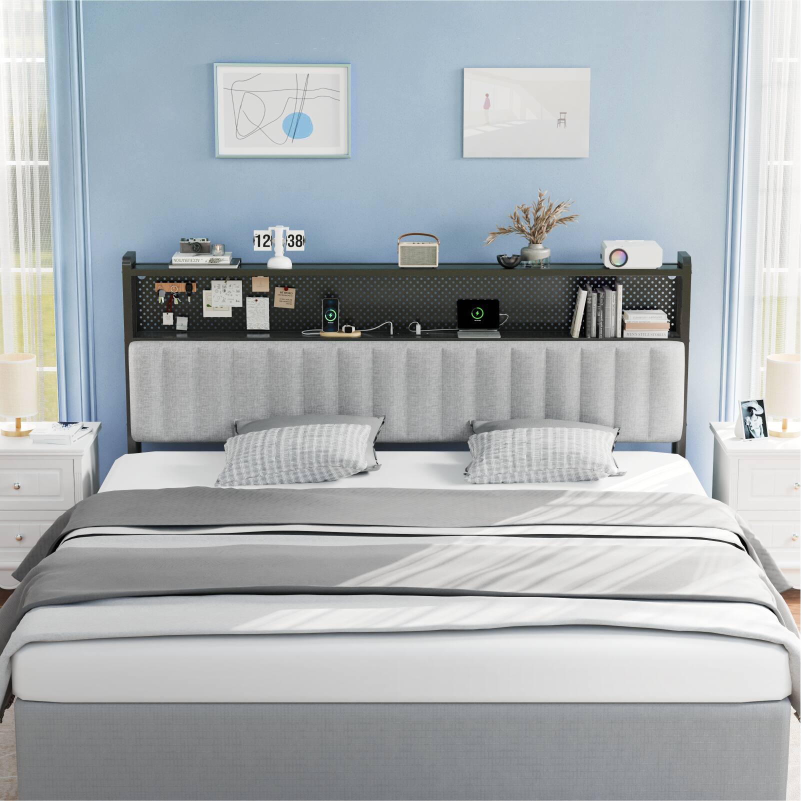 Alt View 9. Winado - King Size Adjustable Upholstered Headboard Only with 2 Tier Shelves and Pegboard with Charging Stations and LED Lights - Linen & Light Gray.