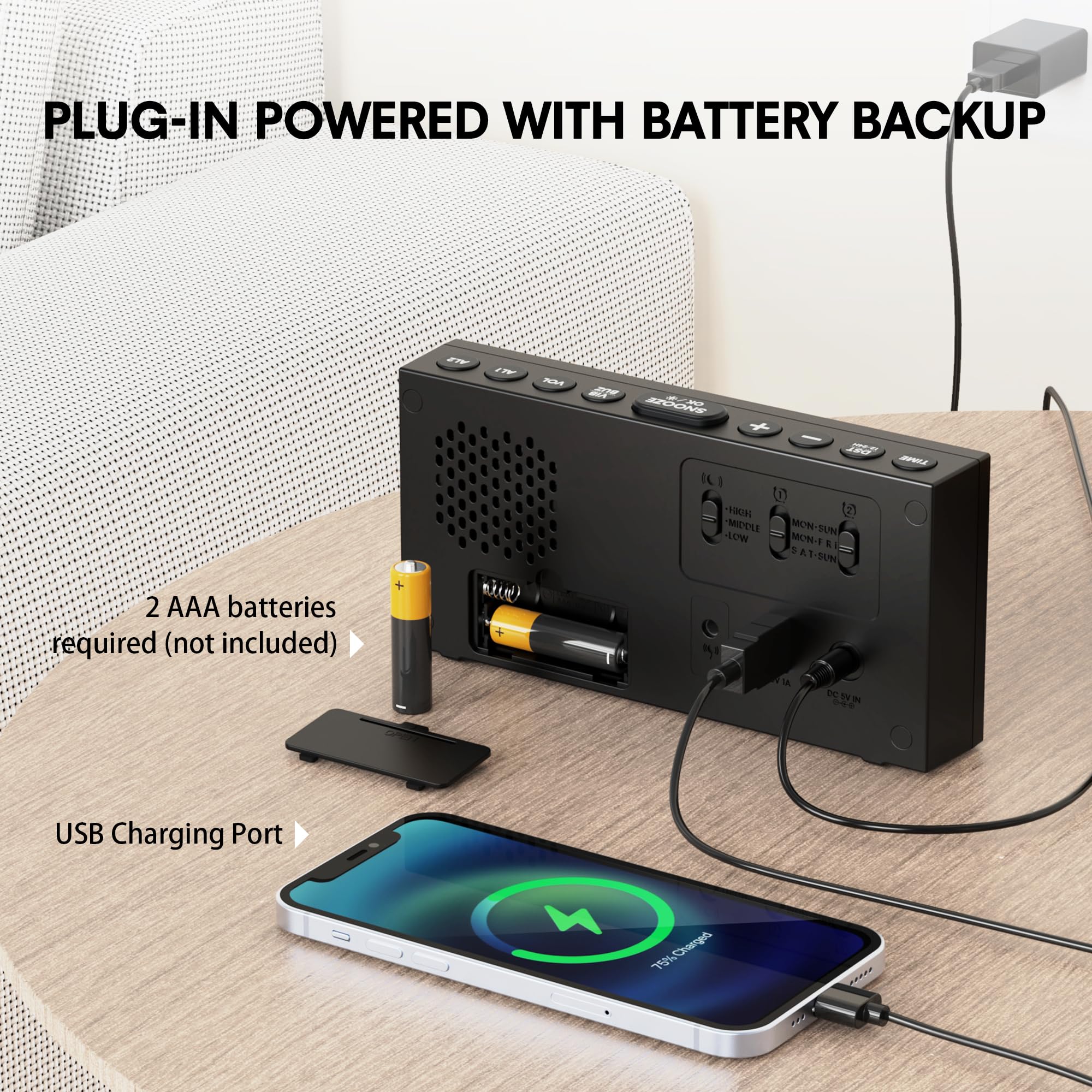 PLUG-IN POWERED WITH BATTERY BACKUP  
2 AAA batteries required (not included)  
USB Charging Port
