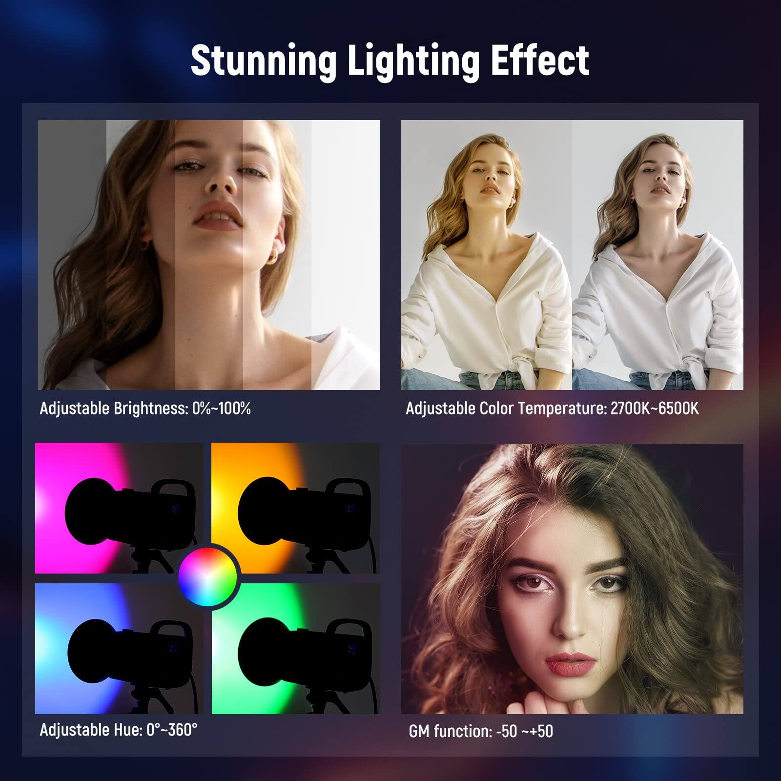 Stunning Lighting Effect

Adjustable Brightness: 0%-100%

Adjustable Color Temperature: 2700K-6500K

Adjustable Hue: 0°-360°

GM function: -50 ~+50