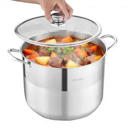 VEVOR - Stainless Steel Stock Pot, 16-Quart Stainless Steel Stockpot with Glass Lid, PFOA-Free, PFAS-Free, Compatible with Gas - Silver