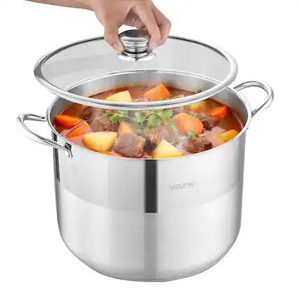Front. VEVOR - Stainless Steel Stock Pot, 16-Quart Stainless Steel Stockpot with Glass Lid, PFOA-Free, PFAS-Free, Compatible with Gas - Silver.
