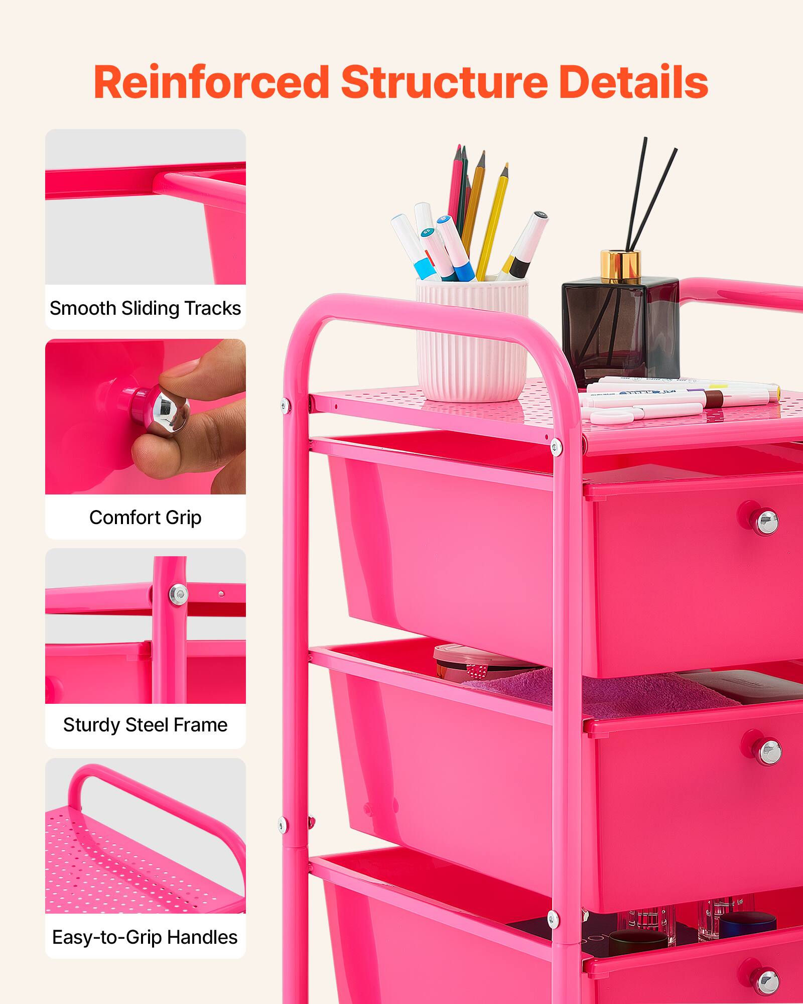 Reinforced Structure Details

- Smooth Sliding Tracks
- Comfort Grip
- Sturdy Steel Frame
- Easy-to-Grip Handles