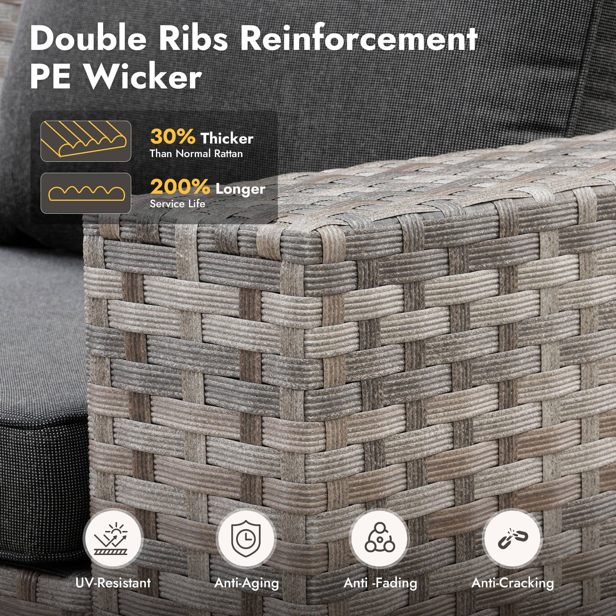 Double Ribs Reinforcement PE Wicker

- 30% Thicker Than Normal Rattan
- 200% Longer Service Life

Features:
- UV-Resistant
- Anti-Aging
- Anti-Fading
- Anti-Cracking