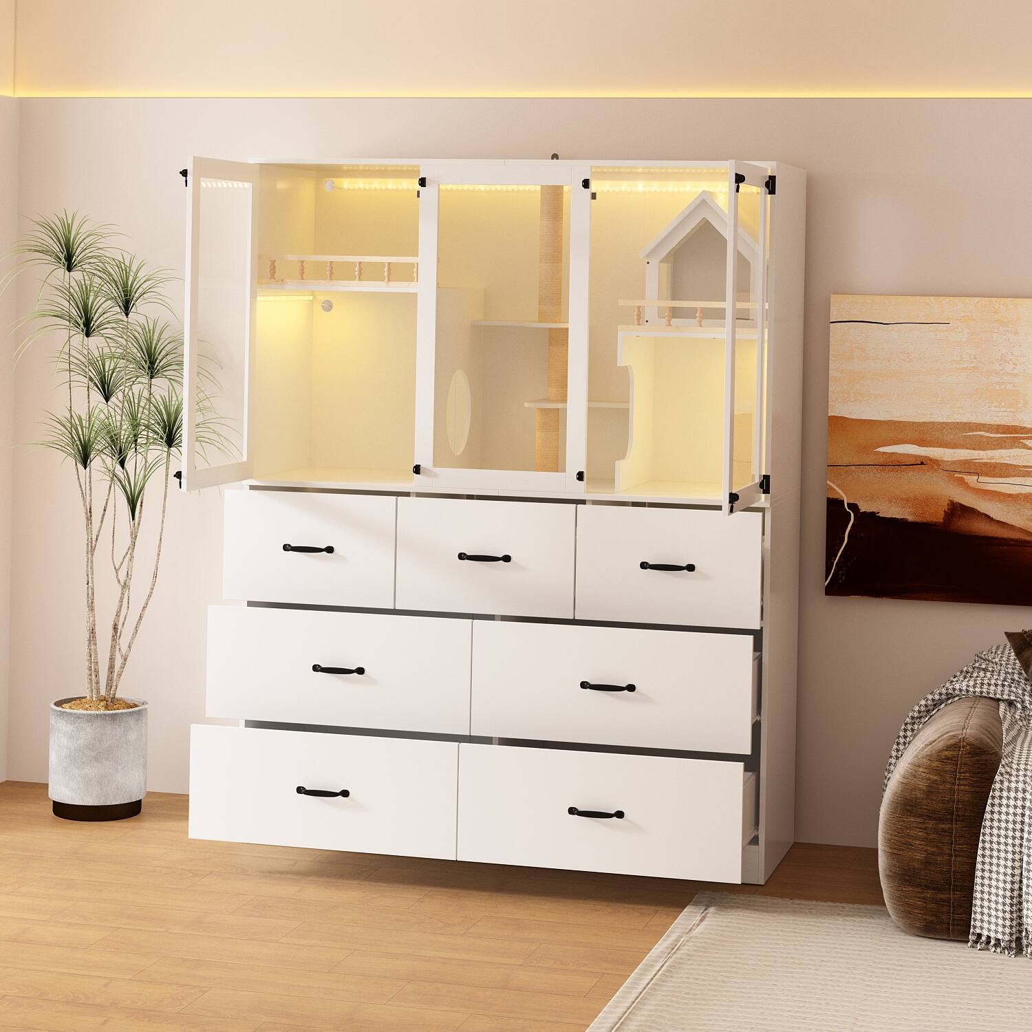 Angle. Famapy - Large Multi-Level Cat Cabinet with Hidden Litter Box, Climbing Tower, Scratching Posts & Storage Luxury Cat Furniture.