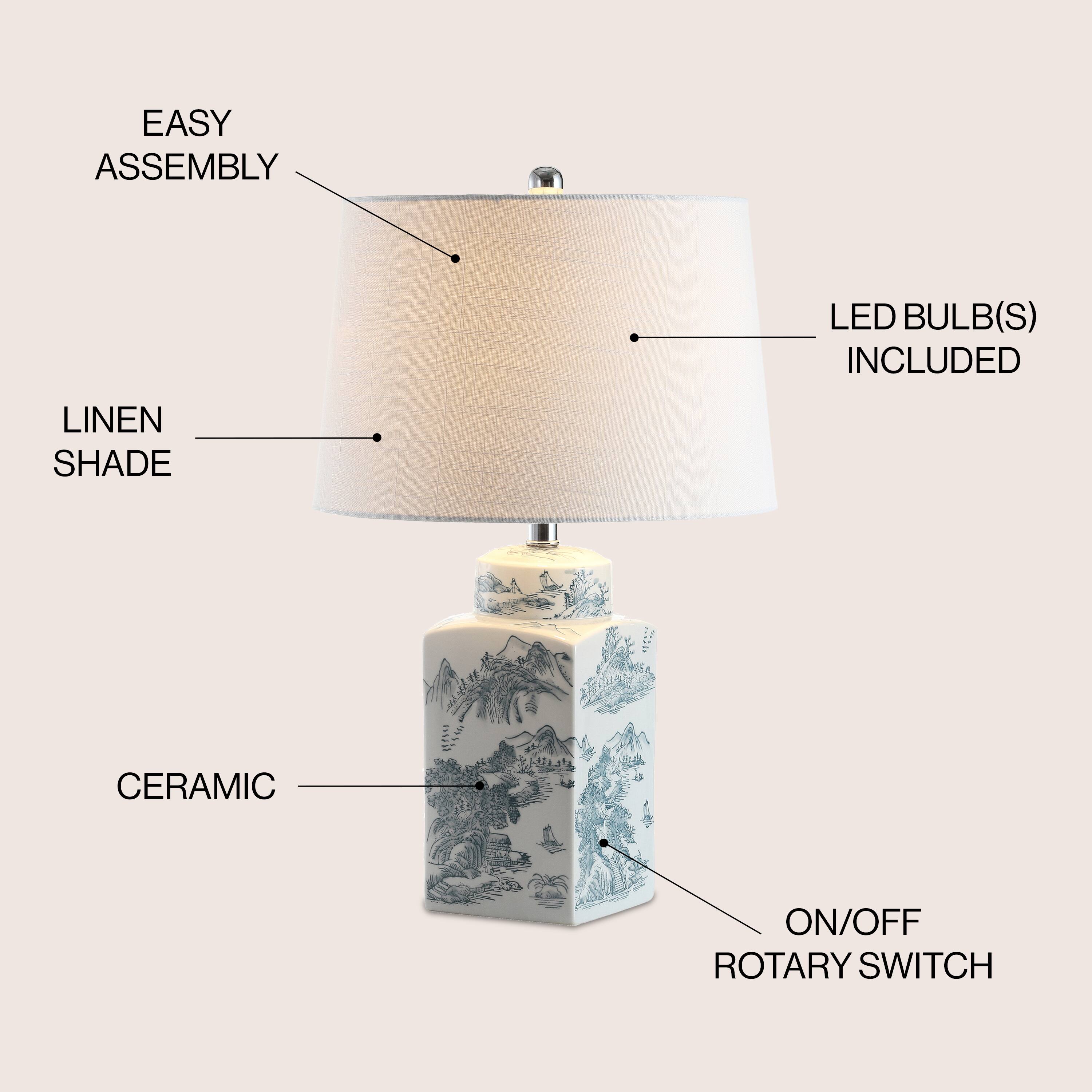 EASY ASSEMBLY  
LED BULB(S) INCLUDED  
LINEN SHADE  
CERAMIC  
ON/OFF ROTARY SWITCH