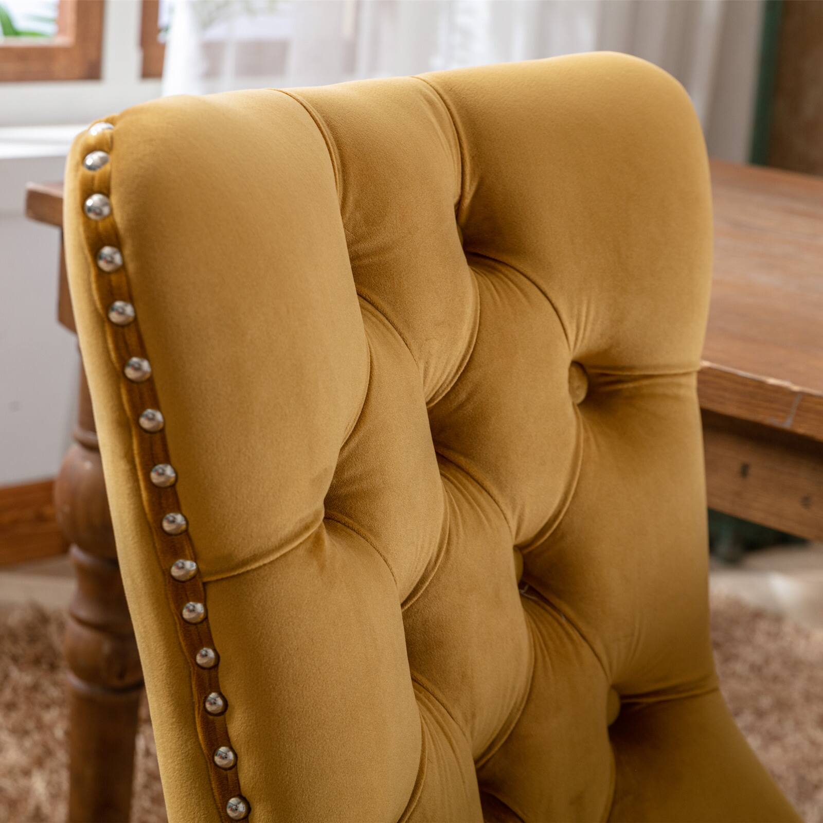 Alt View 1. Z-Edge - Velvet Dining Chairs Set of 2, Upholstered High-end Tufted Dining Room Chair with Nailhead Back Ring Pull Trim Wood Legs - Gold.