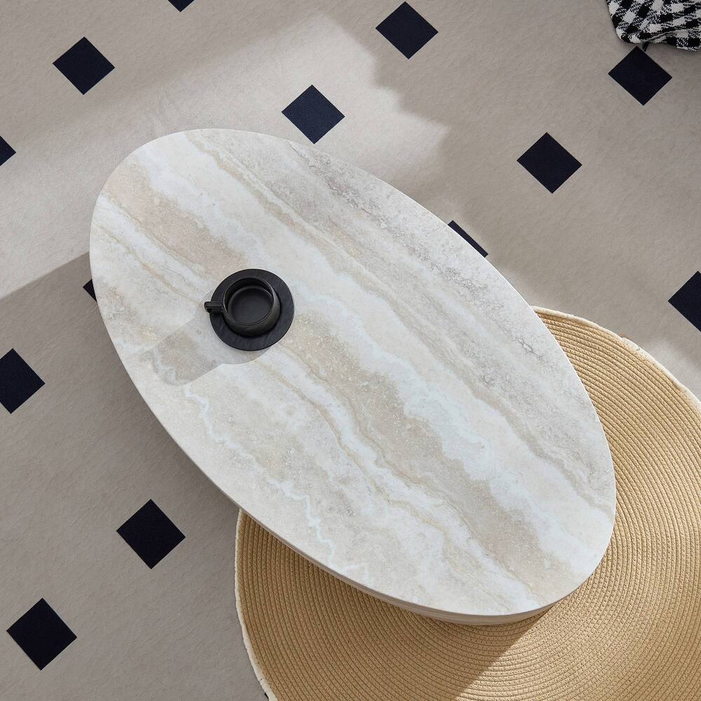 Alt View 1. Loheer - Loheer Oval Marble Coffee Table Curved Fiberglass Center Table - White.