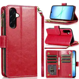 TJS - Phone Case for Samsung Galaxy A17 5G, Luxury Wallet Card ID Zipper Money Holder Cover - Red