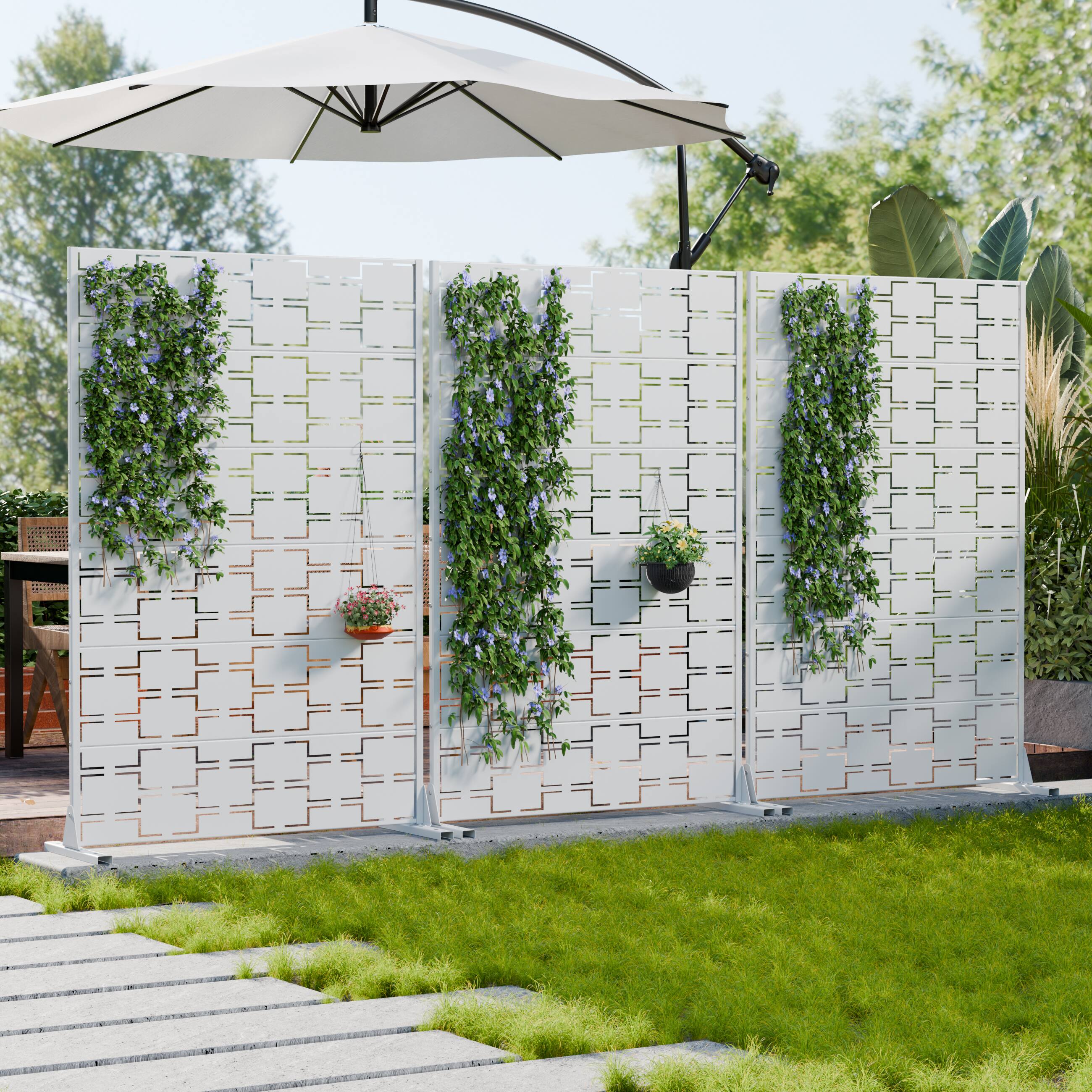 Alt View 1. PexFix - 2-Pack 72"H Outdoor Privacy Screen Metal Cutout Privacy Fence Panels Weather-Resistant Freestanding Dividers - White.