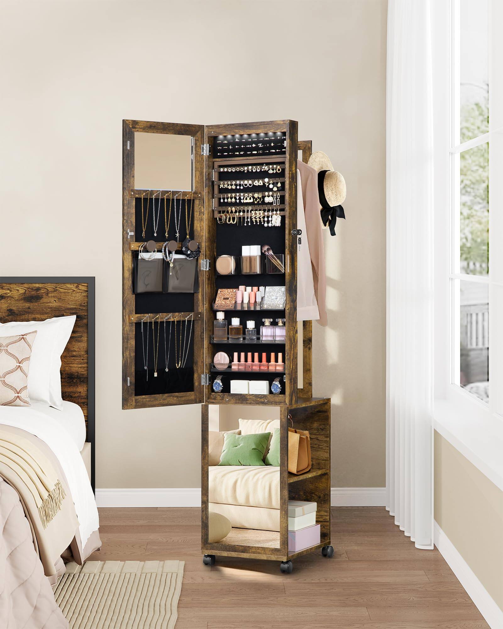 Back. Cedar Assembly - 8 Leds Cabinet Armoire 66 9-inch Organizer With Garment Rack Lockable Full-length Mirror 4 Wheels Storage S... - Toasted Oak.