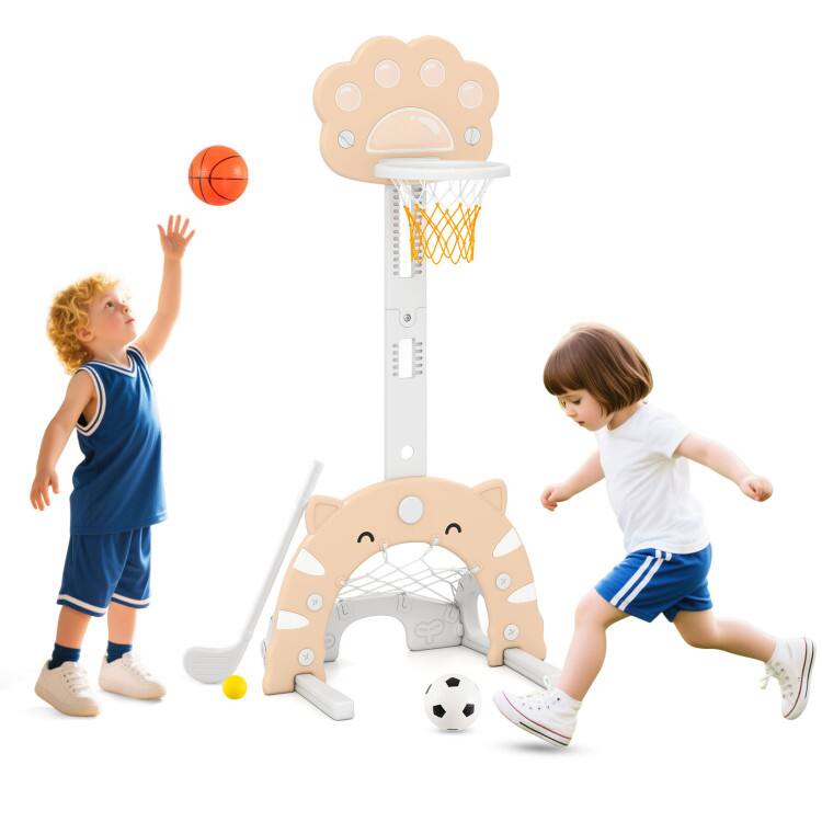 Front. SlickBlue - 3-in-1 Kids Basketball Hoop with Ball and Foldable Rim for Indoor Outdoor Play - Beige.