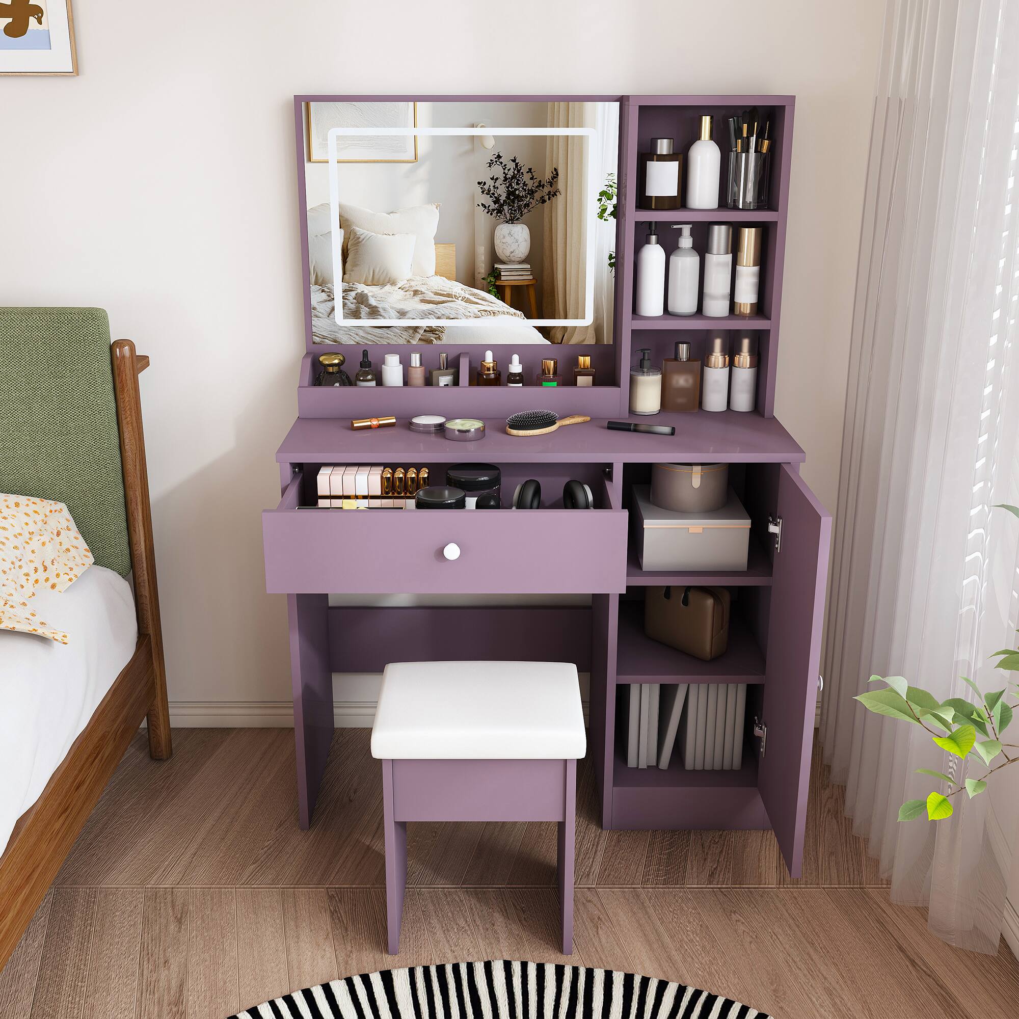 Left. Z-Edge - Vanity Desk Set with Padded Stool & Adjustable LED Lighted Mirror (3 Color Modes), Modern Dressing Table for Bedroom - Purple.