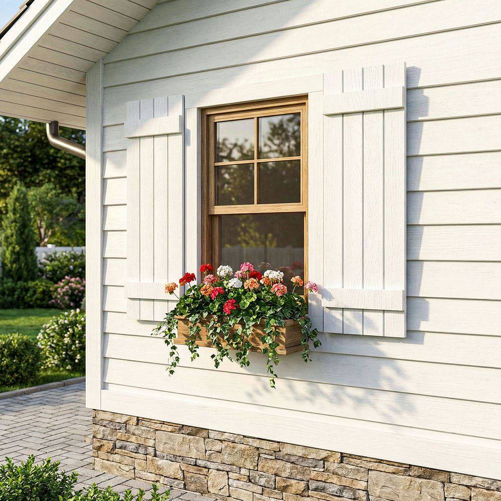 Alt View 6. Kadyn - Classic Board & Batten Faux Shutters with 2 Horizontal Bars for Timeless and Durable Exterior Elegance, 14"x31", White - White.